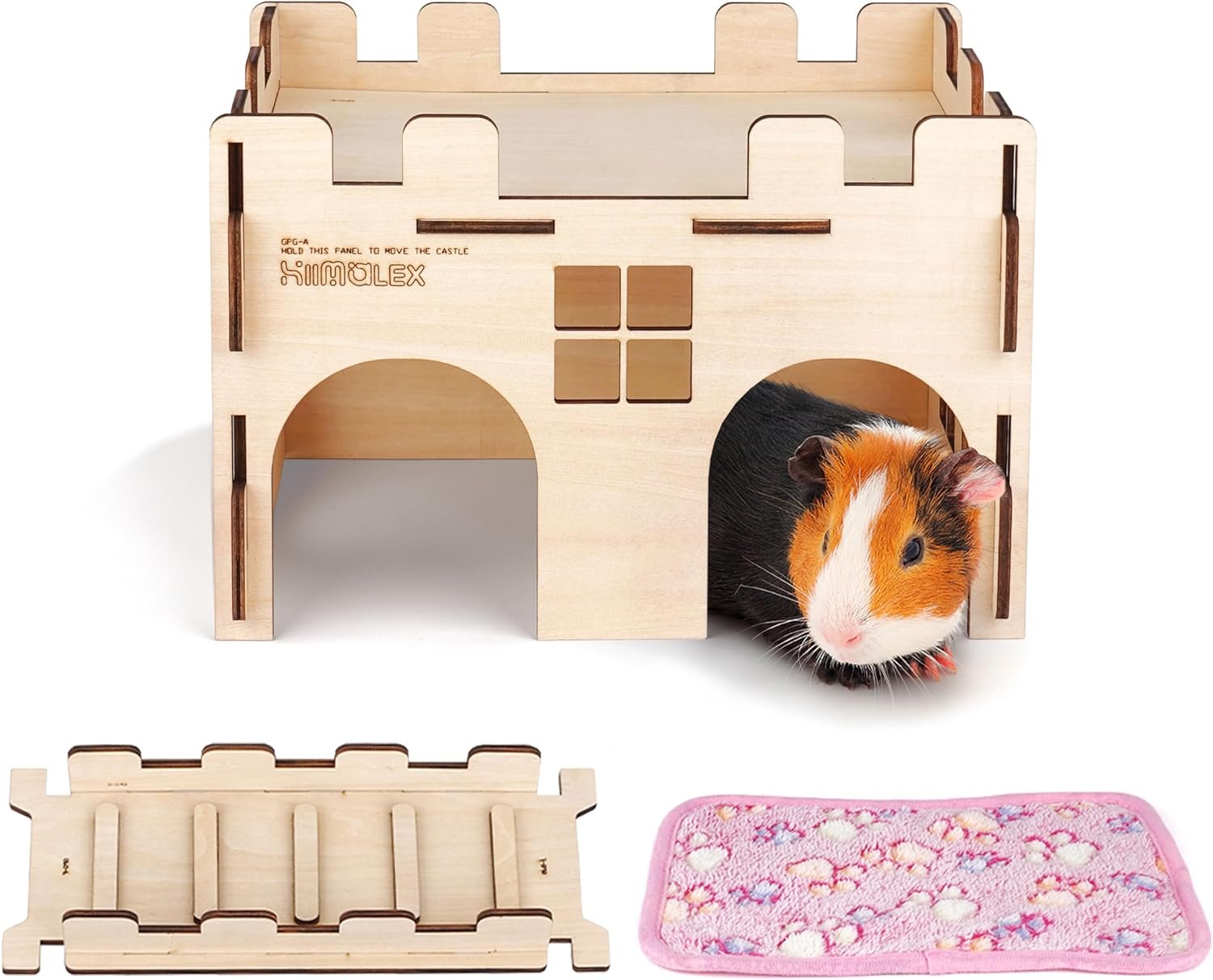 HIIMALEX Sturdy Guinea Pig Hideout Wooden Castle for Guinea Pig Chinchilla Hedgehog Gerbil Hamster Rat House Habitat for Playing and Hiding (Castle with Ramp & Mat)