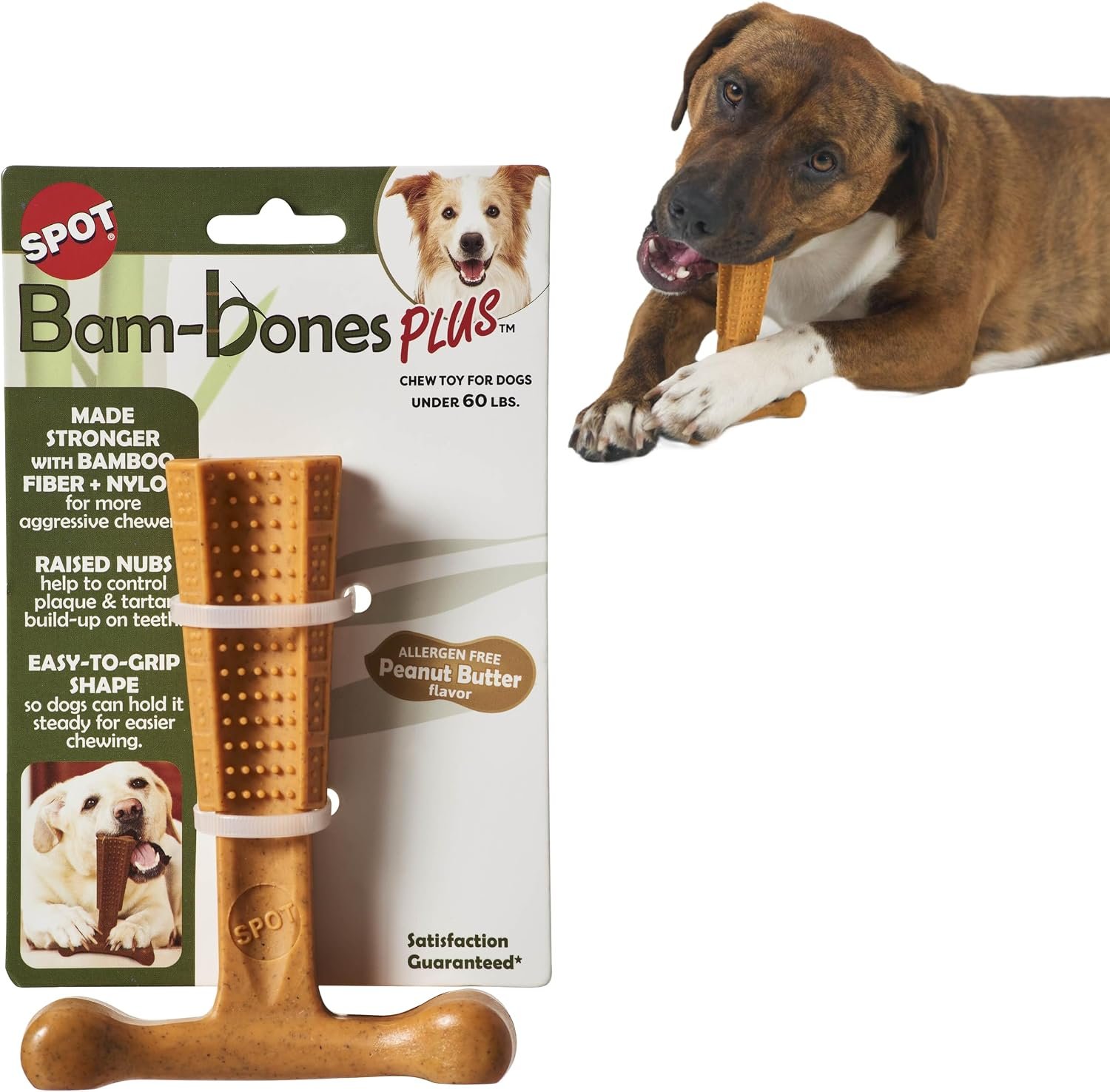 SPOT Bam-Bones Plus T Bone – Bamboo Fiber & Nylon, Durable Long Lasting Dog Chew for Aggressive Chewers – Toy for Dogs & Puppies Under 60lbs, Non-Splintering, 6in, Allergen Free Peanut Butter Flavor