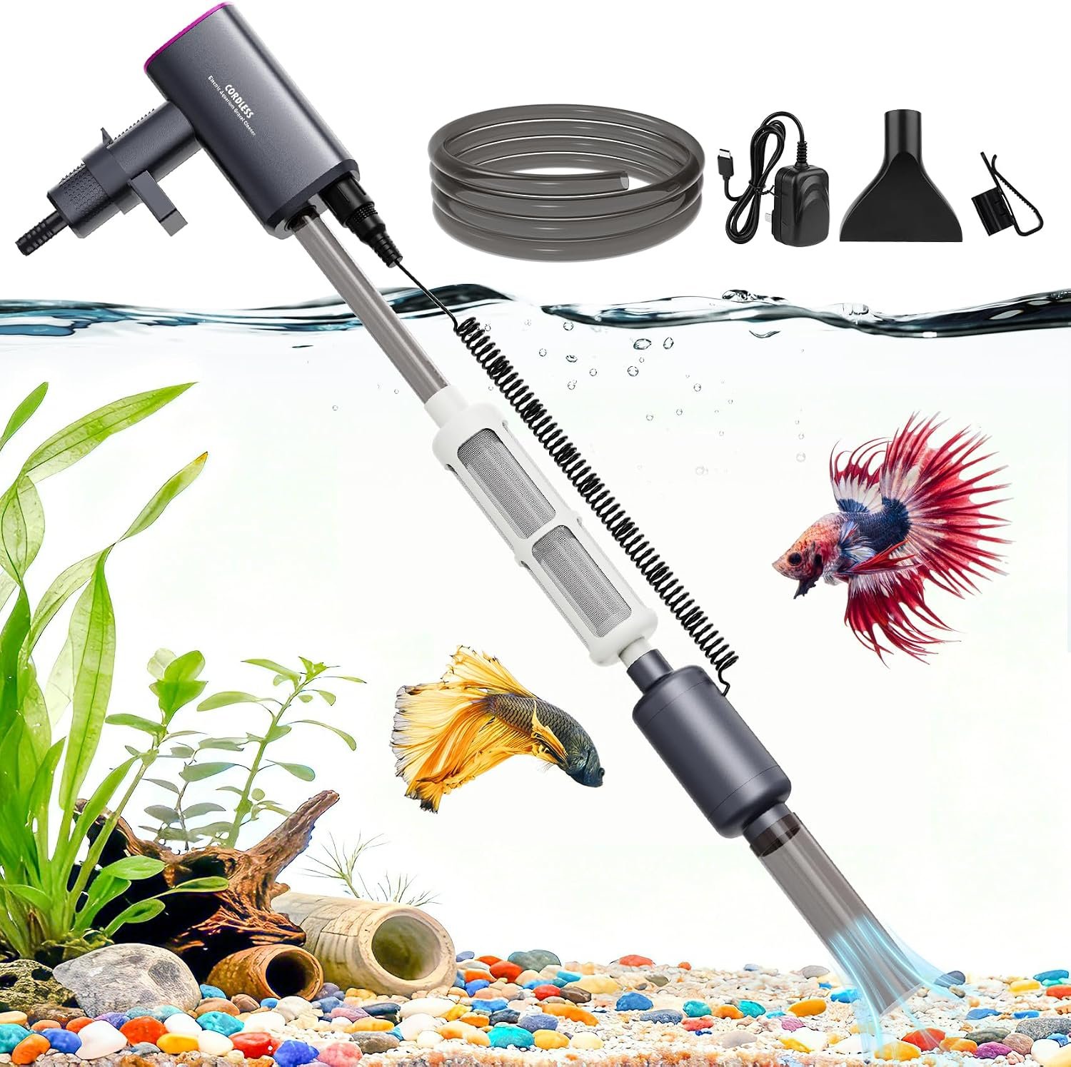 Cordless Aquarium Gravel Cleaner: 36W Electric Fish Tank Vacuum Cleaner | Rechargeable & 4 Adjustable Suction, Anti-Clog for Debris Clean & Sand Washing,Automatic Water Changer for Small/Large Tank