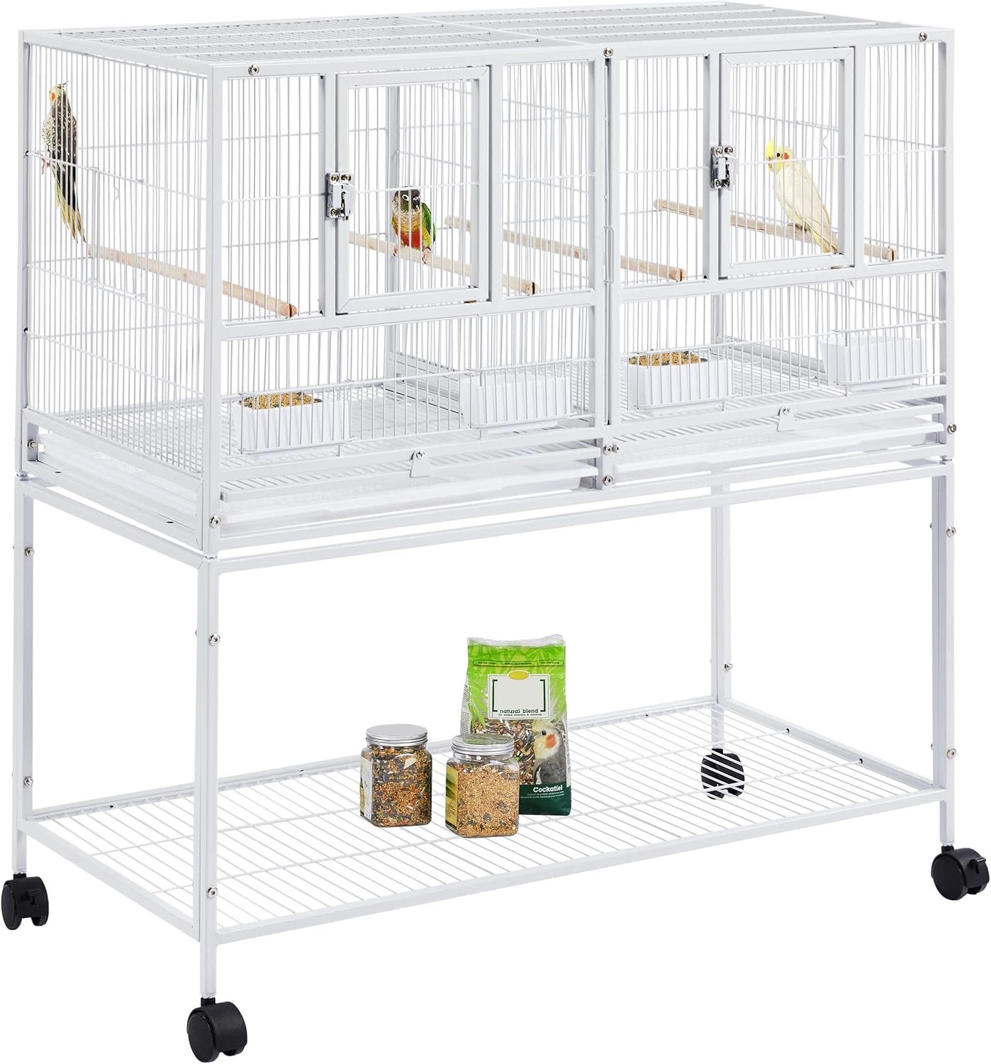 Yaheetech Stackable Divided Breeder Breeding Parakeet Bird Cage for Canaries Cockatiels Lovebirds Finches Budgies Small Parrots with Rolling Stand, White