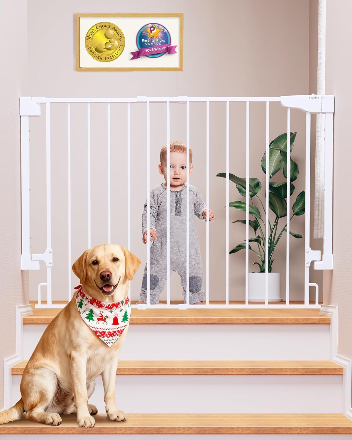 Cumbor 29.2–43″ No Bottom Bar Baby Gate for Stairs, Auto Close Dog Gate | Hardware Mounted (Drill Required), Auto Close Pet & Toddler Proof with Wide Walk Thru Door, Top & Bottom of Stairways(Black)