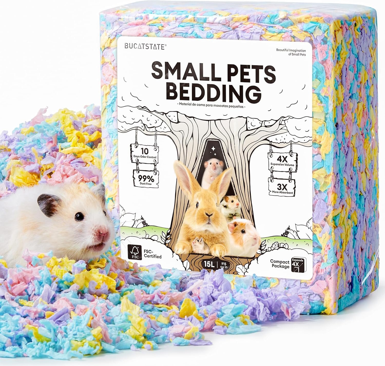 BUCATSTATE Hamster Bedding 15L,99% Dust-Free Paper Bedding,Party Confetti | Vibrant Color Paper Bedding, Compactly Packed to Expand 3X, FSC-Certified Material, Odor Control Bedding for Guinea Pigs