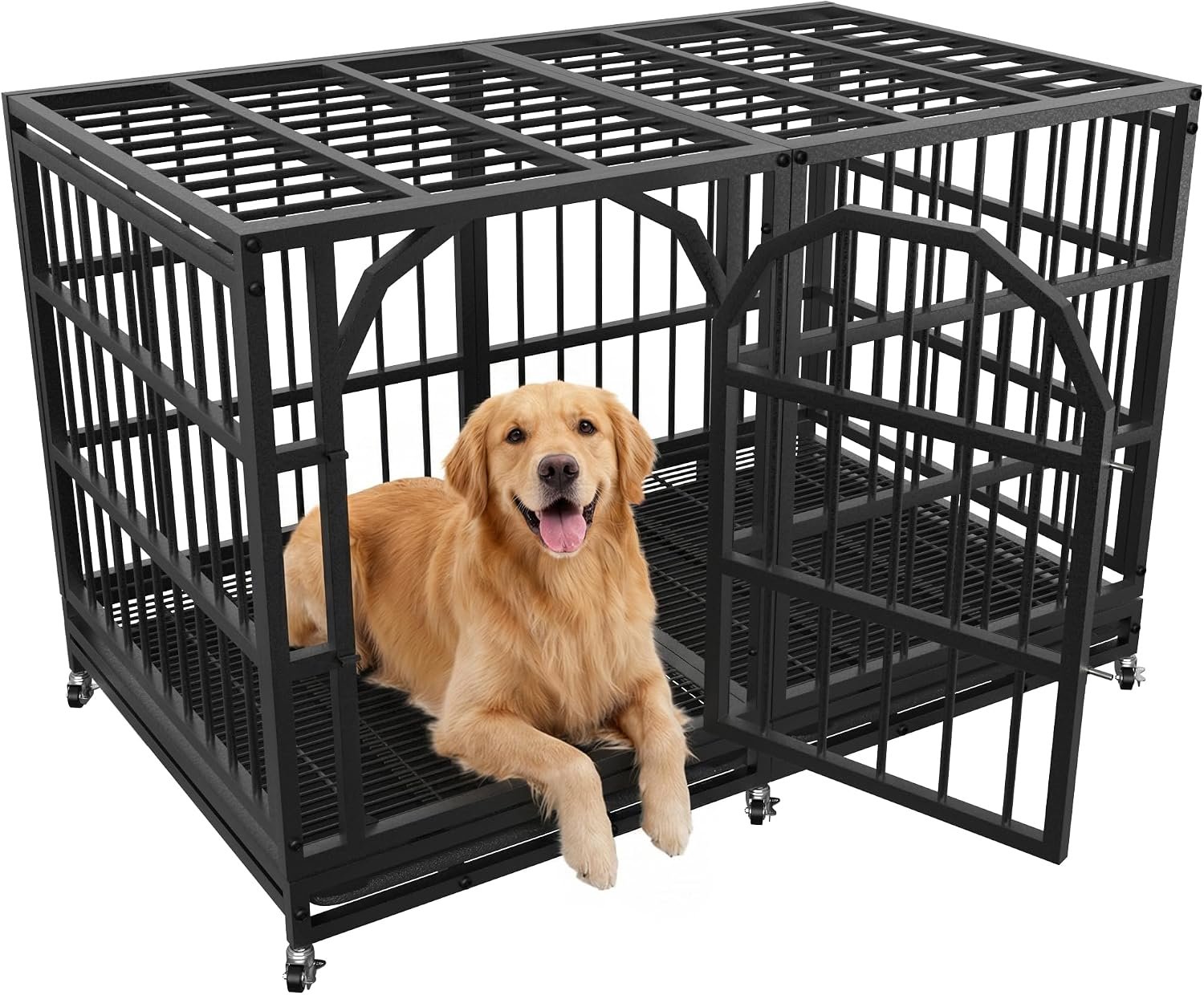 Asee’m 48 Inch Heavy Duty Dog Crate for Large Dogs Escape Proof, Black | Indestructible High Anxiety Dog Crate with Wheels Large Big Impact Dog Cage Kennel Indoor with Locks & Removable Trays
