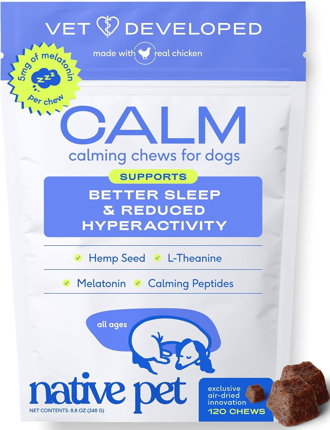 Native Pet Calming Chews for Dogs – Promotes Calming Effect, Supports Emotional Balance & Reduces Hyperactivity – Hemp Seed, Melatonin for Dogs, L-Theanine & Casein – Air-Dried 120 Chews