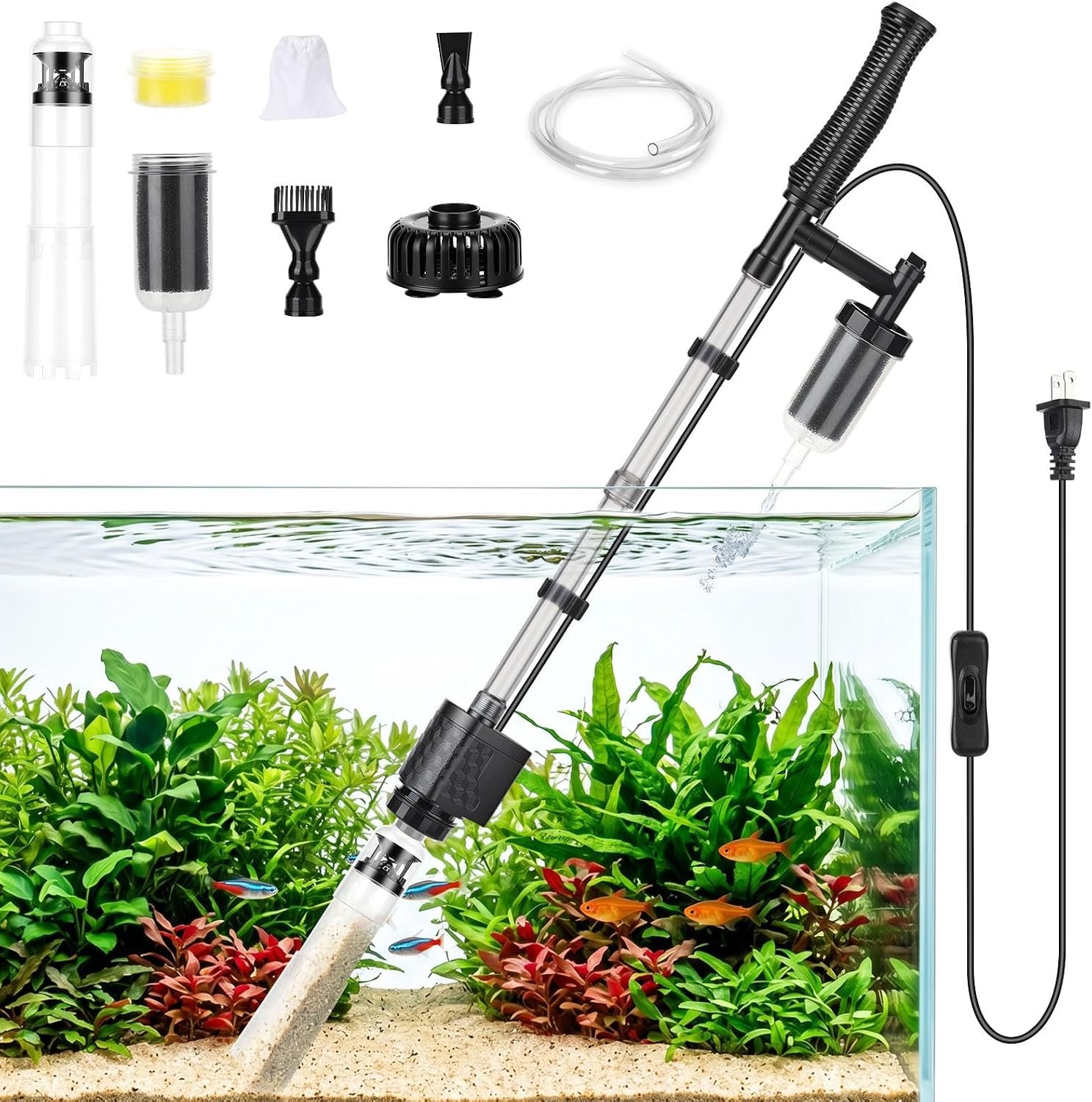 AQQA Aquarium Gravel Vacuum Cleaner, 8-in-1 Electric Fish Tank Cleaner with Automatic Water Change,320GPH Strong Suction, Anti-Clog Gravel Barrier,Sand Washer, Vacuum Cleaner for 15.7-30in Tank Height