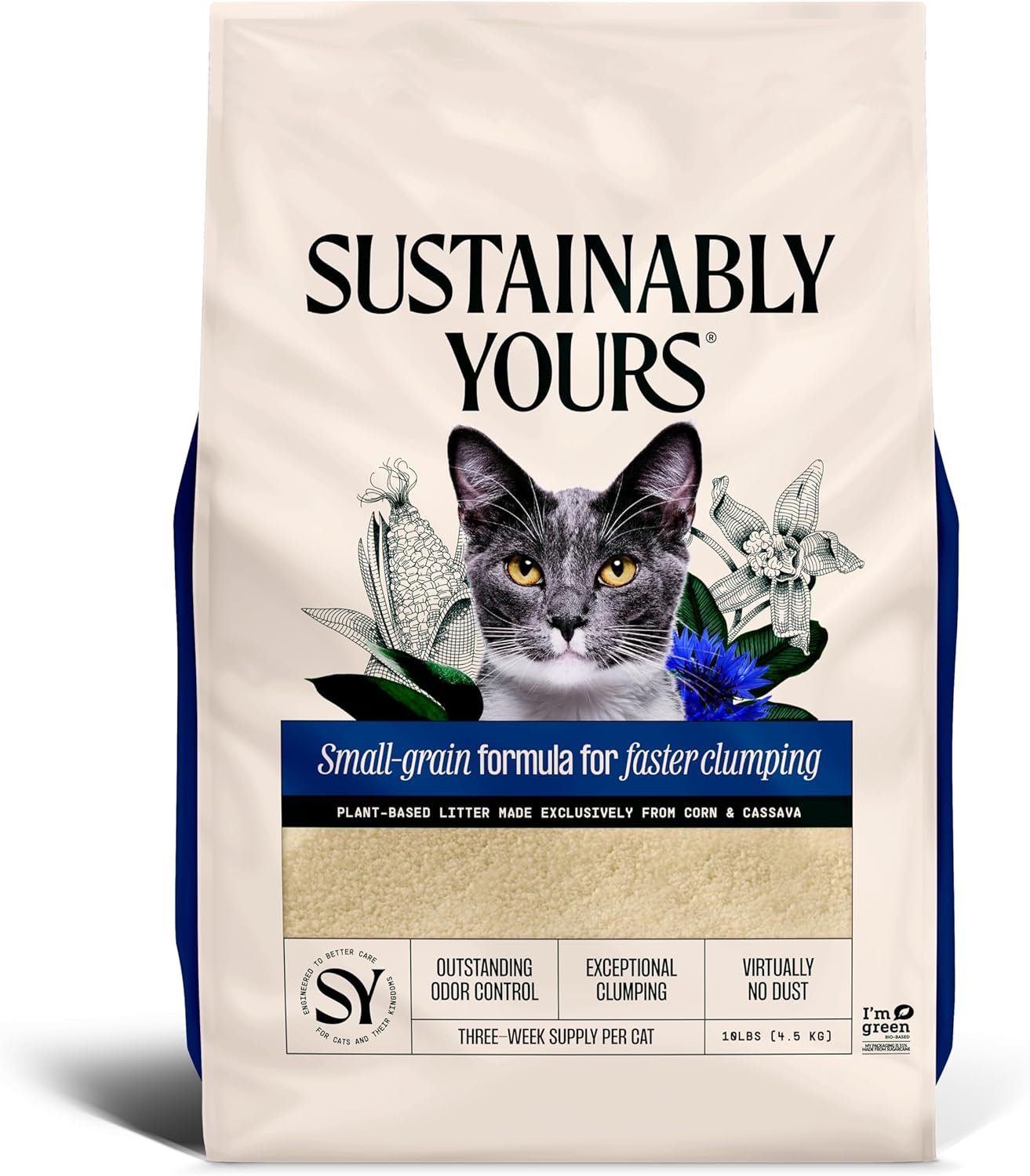 Sustainably Yours Natural Cat Litter, Small-Grain Formula, Exceptional Clumping & Odor Control, Virtually No Dust, Soft on Paws, Corn & Cassava Plant-Based, Unscented, 10 lbs