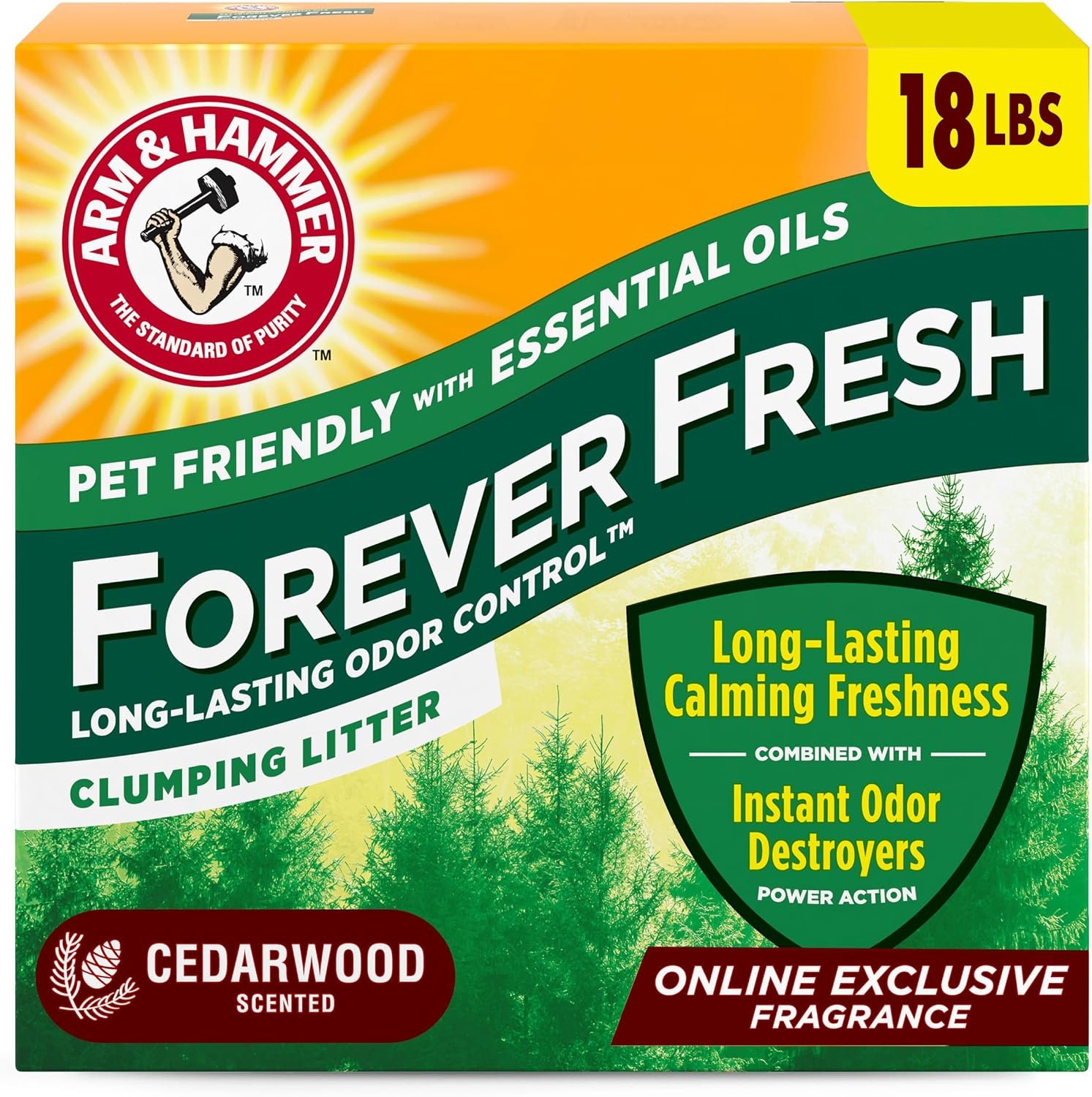 ARM & HAMMER Forever Fresh Cat Litter Cedarwood, MultiCat, 18lbs | Clumping Formula, Long-Lasting Odor Control, 99.9% Dust-Free, Pet Friendly Essential Oils