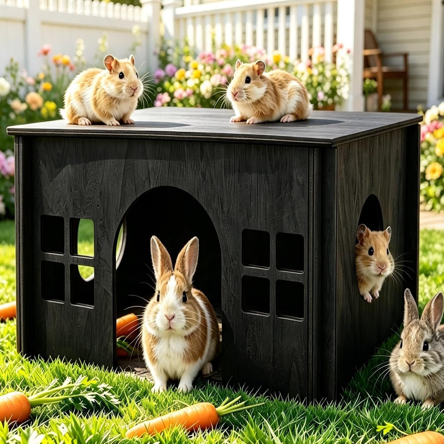 Wooden Guinea Pig Hideout, Guinea Pig House Small Rabbit,Hideout with Multiple Windows, Small Animal House Bunny House Hideaway Castle Habitat for Guinea Pigs, Hamster, Chinchilla