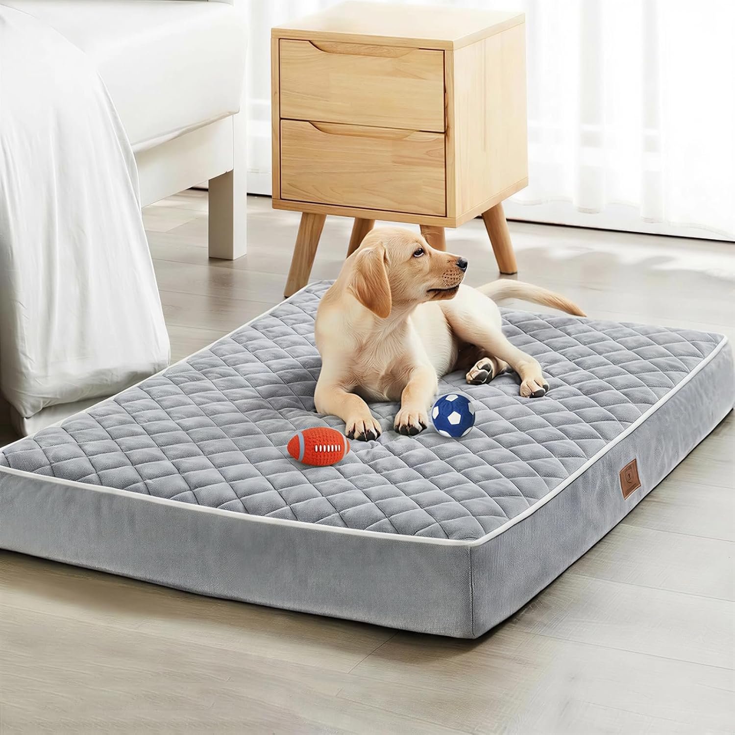 WNPETHOME Orthopedic Waterproof Extra Large Senior Dogs Bed for Comfy Sleep | XL Washable Ped Bed with Removable Cover, Multi-Needle Quilting XL Crate Bed for Large Sized Dog Relax, Light Grey 42×30 Inch