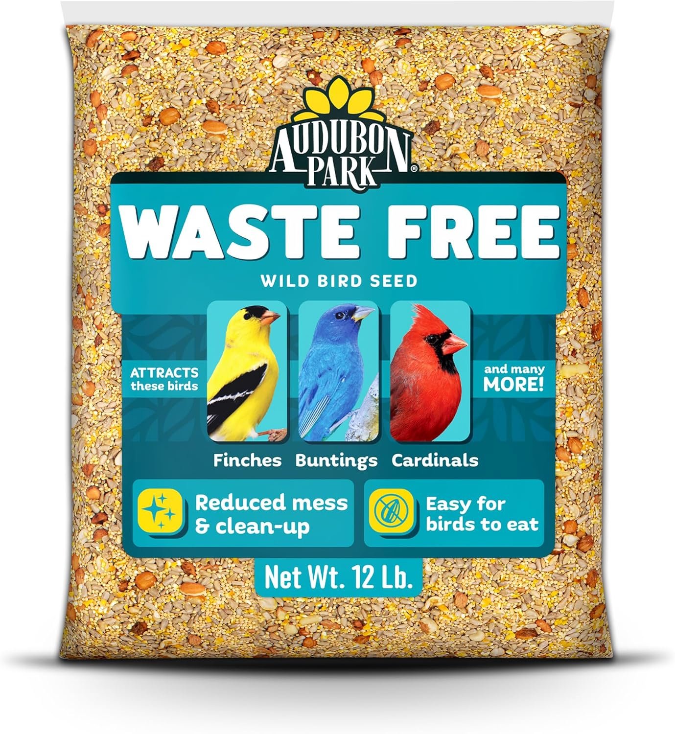 Audubon Park Waste Free Wild Bird Seed, 12 lb | No Mess Blend with Sunflower Hearts & Peanut Pieces – Bird Food for Outside Feeders