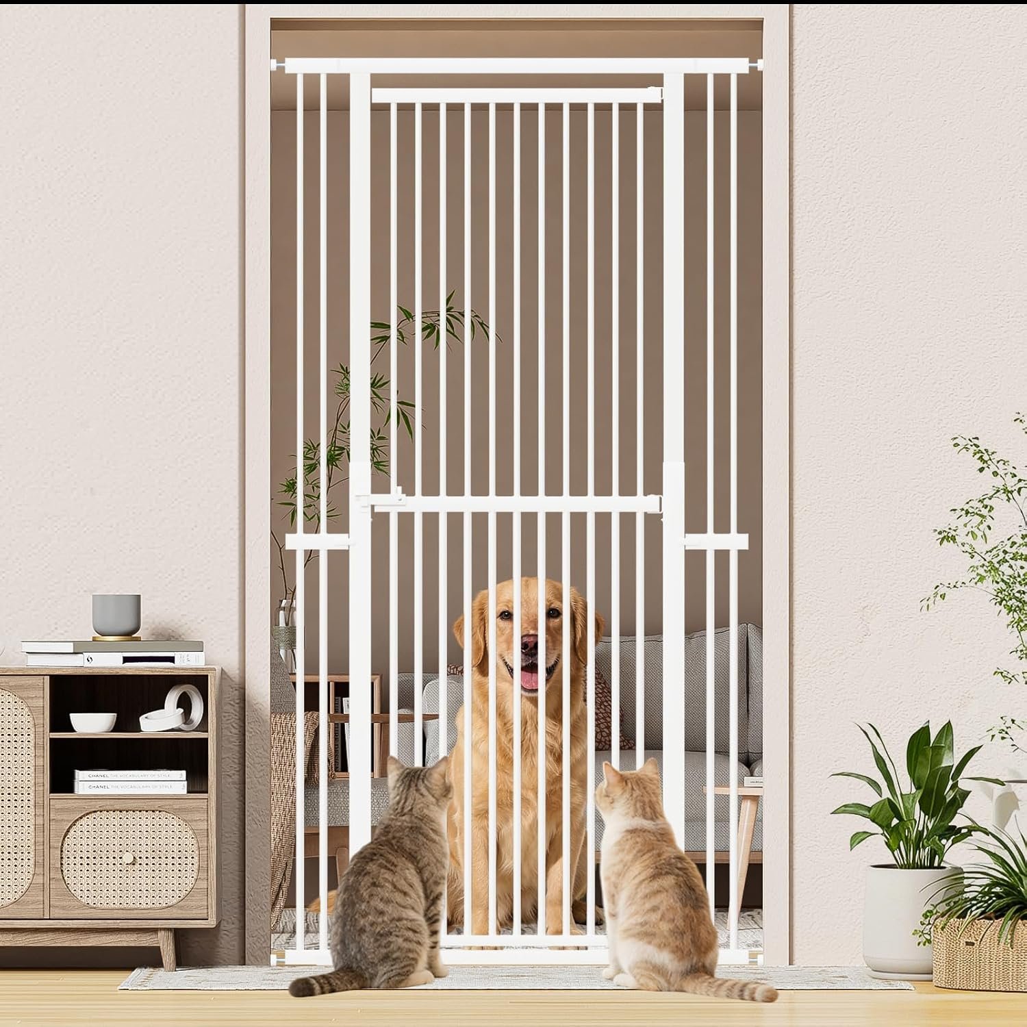 Snuowu 51″-87″ Extra Tall Pet Gate for Cats, 29.5″-40.5″ Wide Pressure Mounted No-Drilling Safety Dog Gate, Metal Walk-Thru Barrier for Doorways, Stairs, Kitchens, White