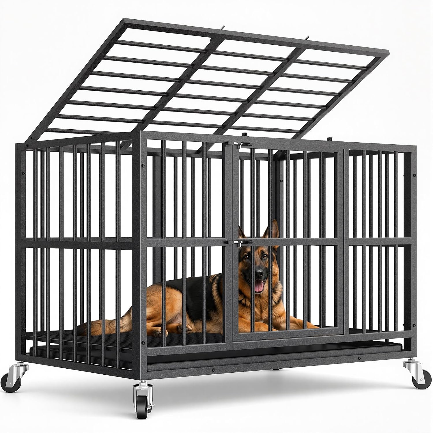 48 Inch Heavy Duty Dog Crate for Large Dogs, Escape Proof, Black | Dog Kennel Indoor, High Anxiety Cage, Dual-Door Design, Removable Tray for Easy Cleaning, 360°Rolling Casters, Sturdy Frame