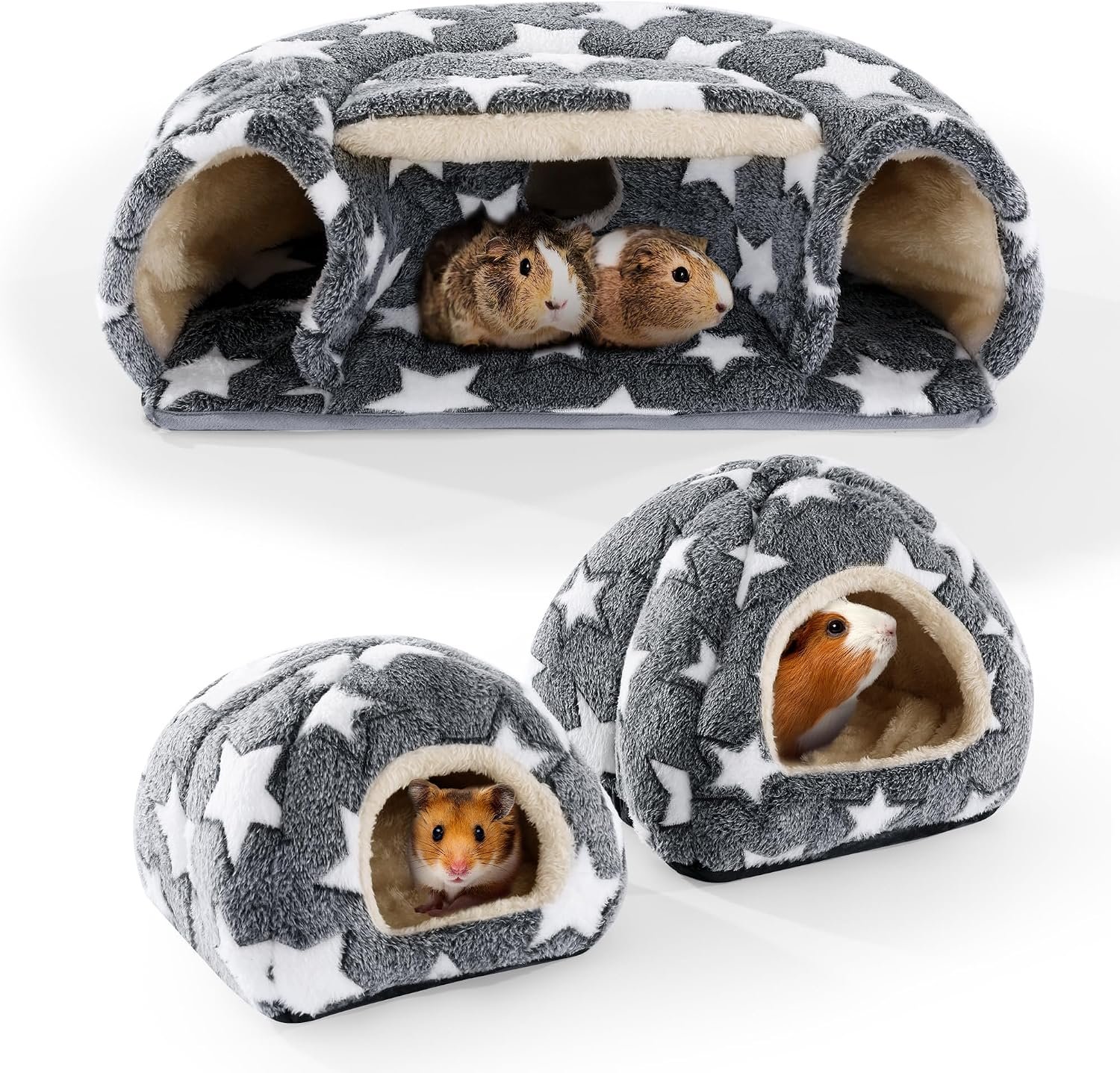 3 Pack Guinea Pig House Accessories, 2 Cozy Guinea Pig Bed and Hideout Tunnel, Chinchillas Hideout for Hamster, Rabbit, Bunny, Chinchillas (Gray)