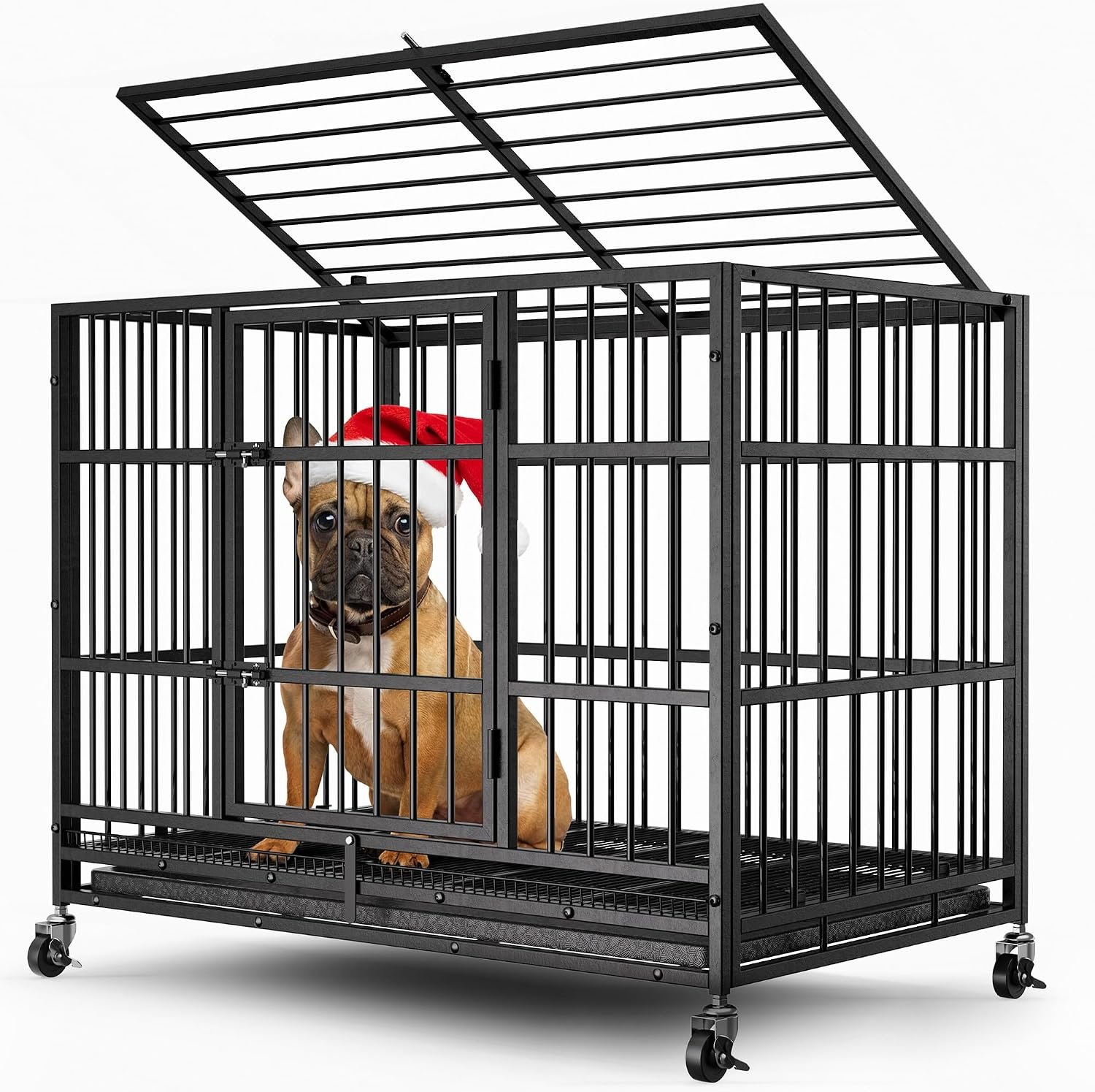 38″ Heavy Duty Dog Crates for Small Dogs, Escape Proof, Upgraded 4 Lockable Wheels, Removable Door, Dog Kennel Indoor, Max Load 300Lbs, Easy to Clean, Medium Dog Crate for High Anxiety Dogs