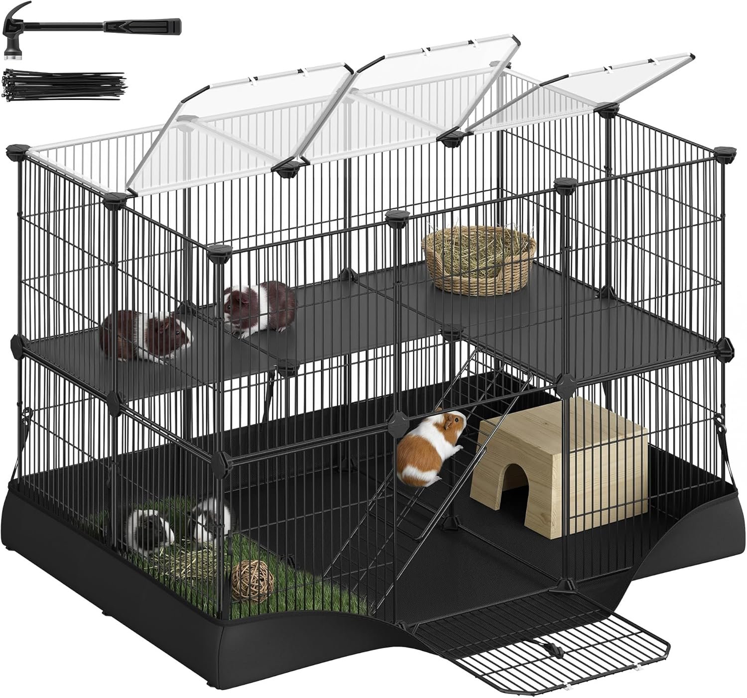 SONGMICS 2-Tier Guinea Pig Cage, Rabbit Cage, Small Animal Playpen with Waterproof Mat, Top and Side Door, 35 Panels, 36.6 x 24.8 x 24.2 Inches, Ink Black ULPI016BH01