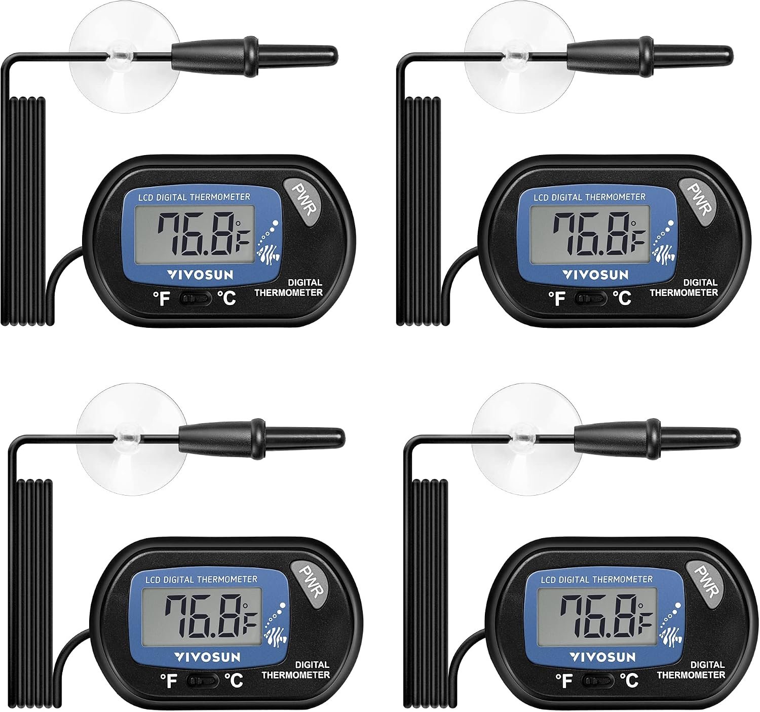 VIVOSUN 4-Pack LCD Digital Aquarium Thermometer | Fish Tank Water Terrarium Temperature with Suction Cup for Turtle