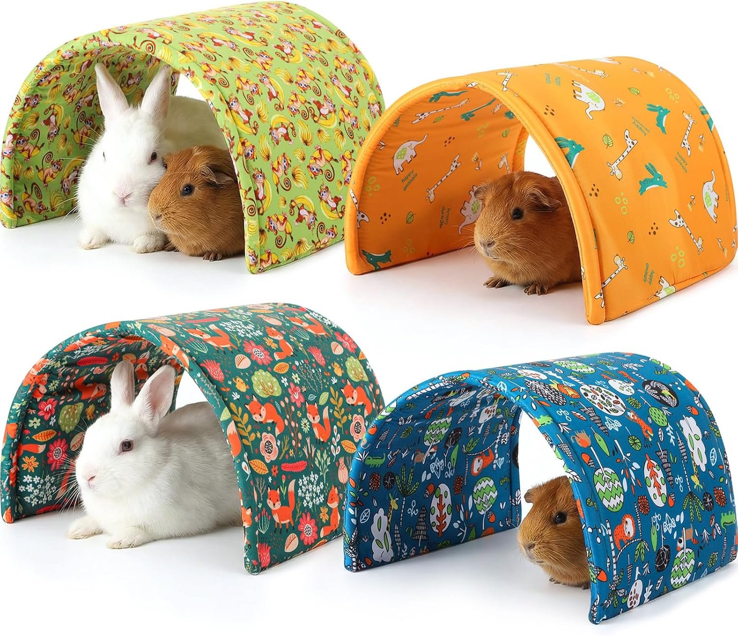 BreezeHug 4 Pcs Guinea Pig Tunnel Foldable Rabbit Hideout Washable and Soft Bunny Hide House Ferret Tunnel Toys Cage Accessories for Small Animal Hamster Hedgehogs Chinchilla(Forest Animals)