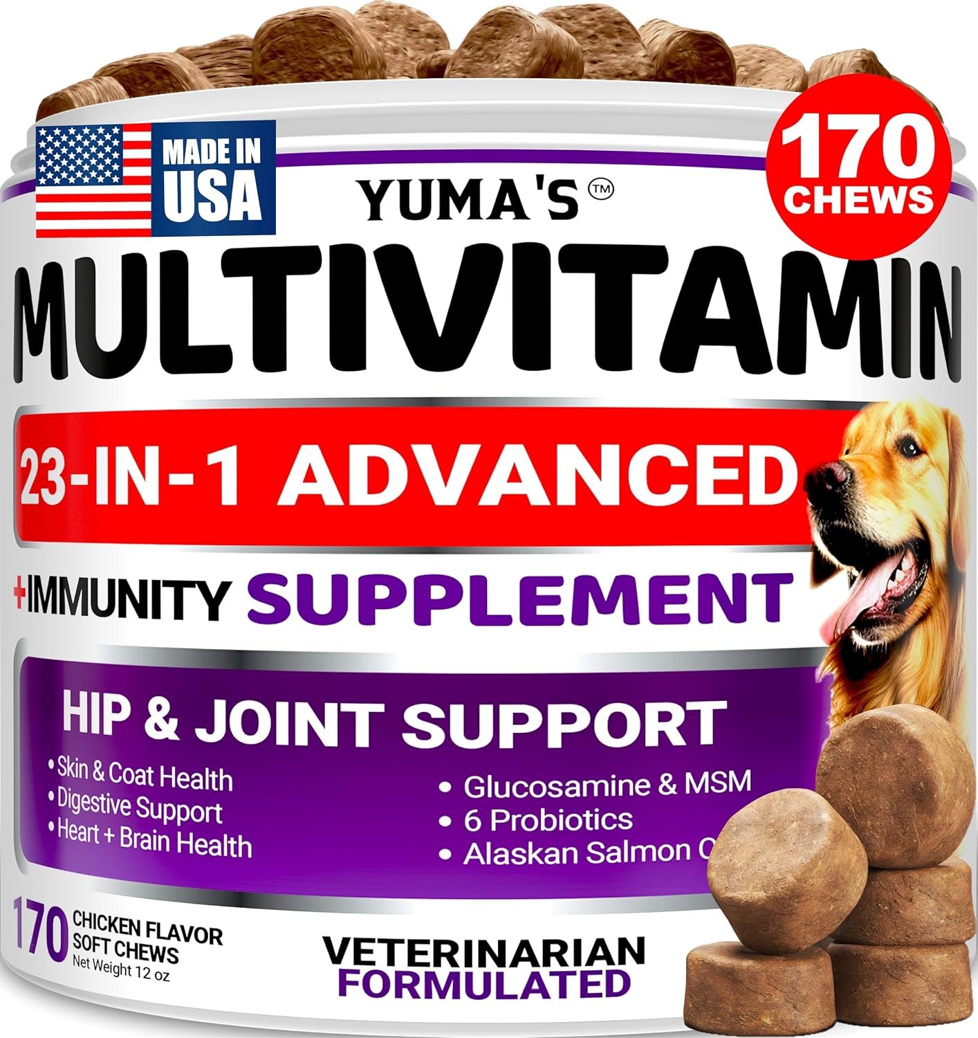 Dog Vitamins and Supplements – 170 Treats – Dog Multivitamin Chewable with Glucosamine – Senior & Puppy Multivitamin for Dogs – Hip & Joint Support – Immune Health, Skin, Heart, Digestion, Probiotics