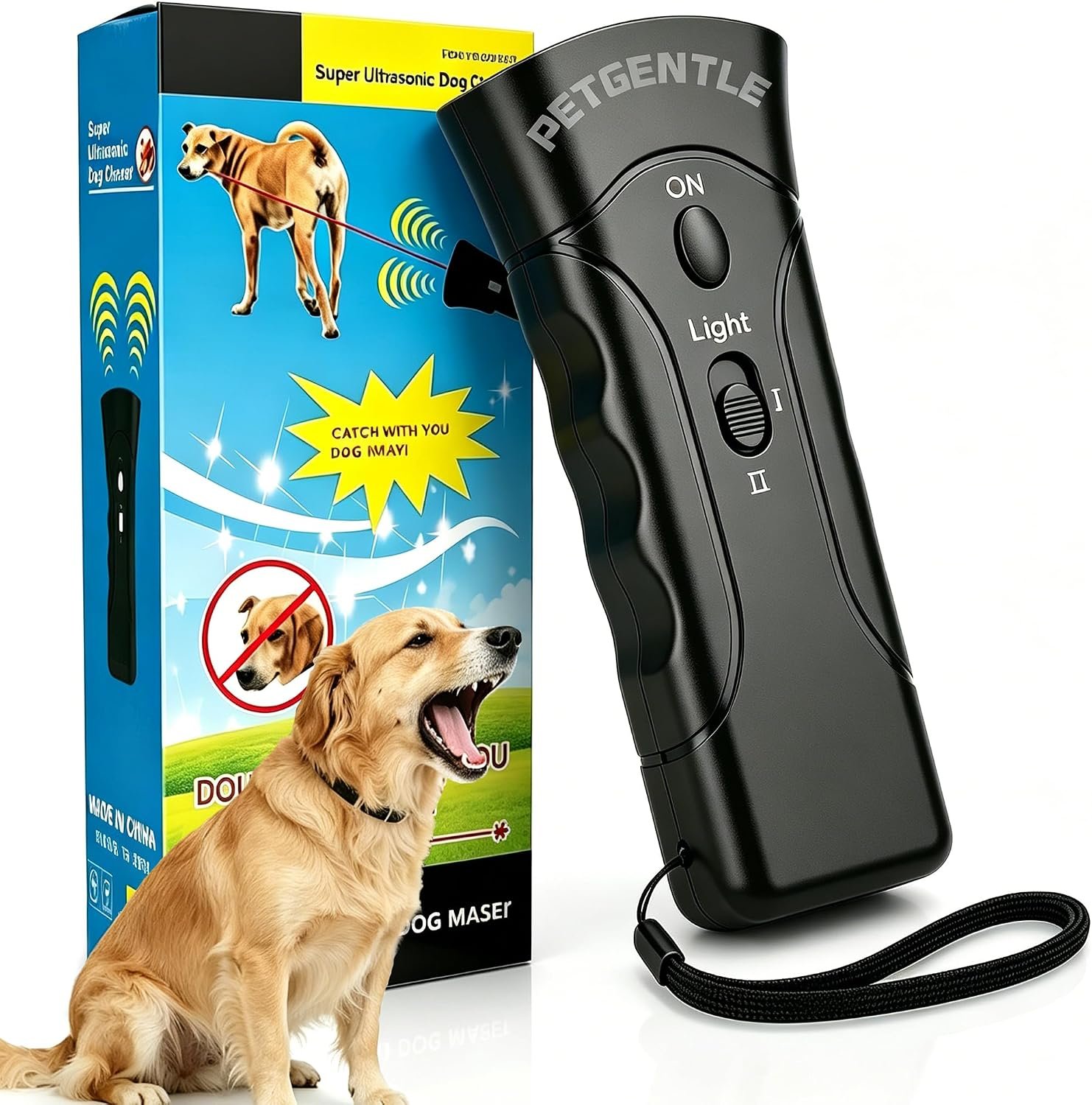 Ultrasonic Pet Trainer – 2-in-1 Handheld Dog Repeller & Behavior Assistant with 2 Adjustable Intensity Levels & LED Flashlight, Safe and Effective for Indoor & Outdoor Use