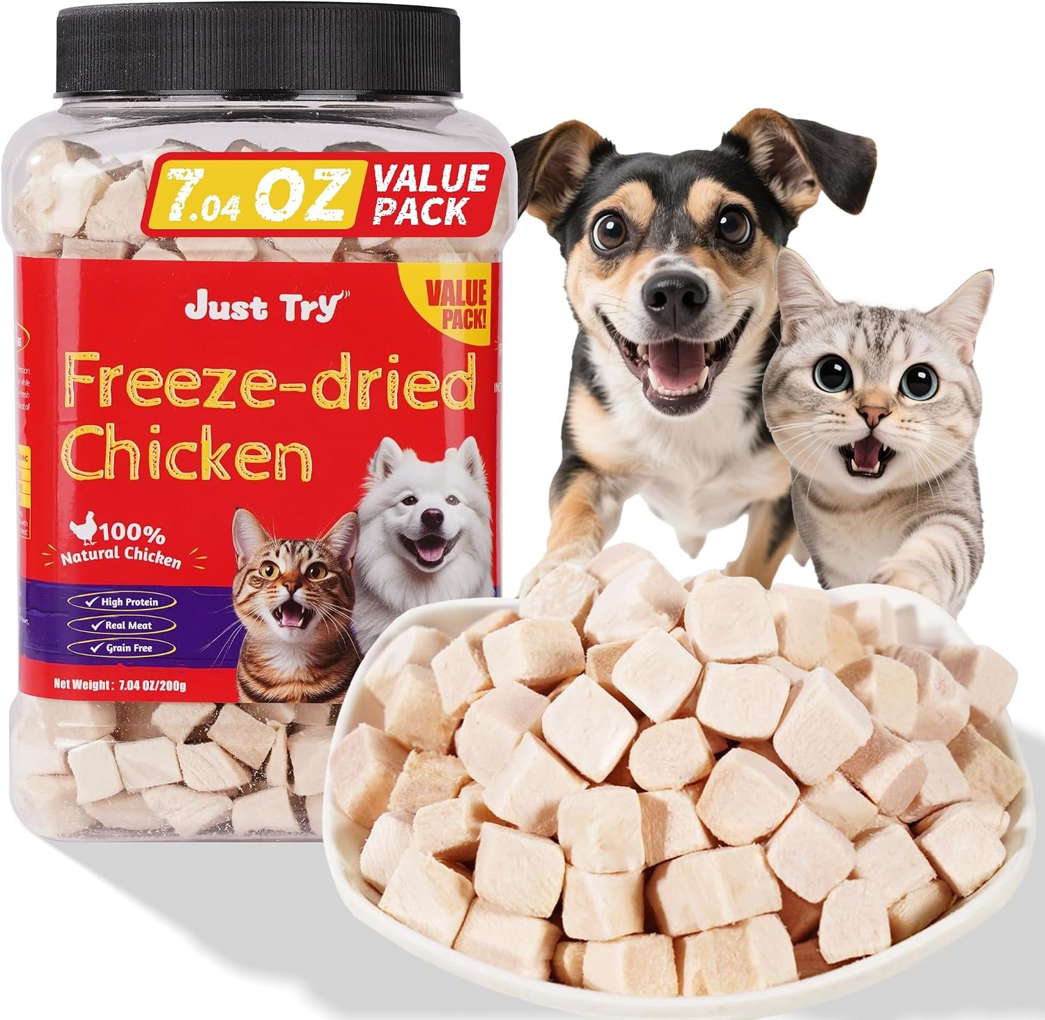 Just Try 7.04 oz Freeze Dried Chicken Cat & Dog Treats | Food Topper,Raw Single Ingredient,High Protein,Grain Free,Healthy Dog Training Treats