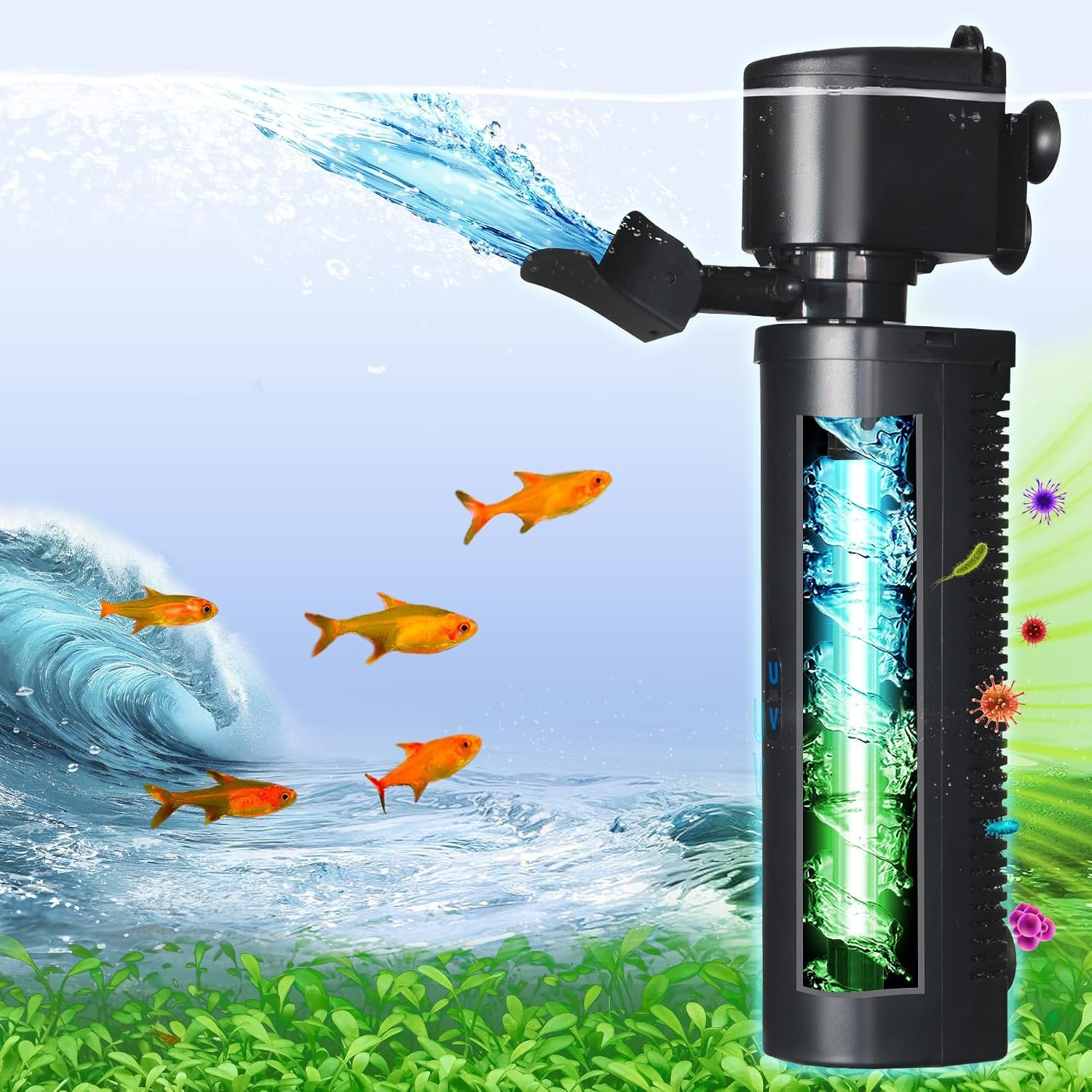 COOSPIDER 400GPH Aquarium Filter with 7W U-V Light for 75-200 Gallon | Fish Tank Filter for Green Control, Internal 30W Pump for Turtle Tank, Small Pond, Pool Filter, Cold Plunge Ice Bath Hot Tub