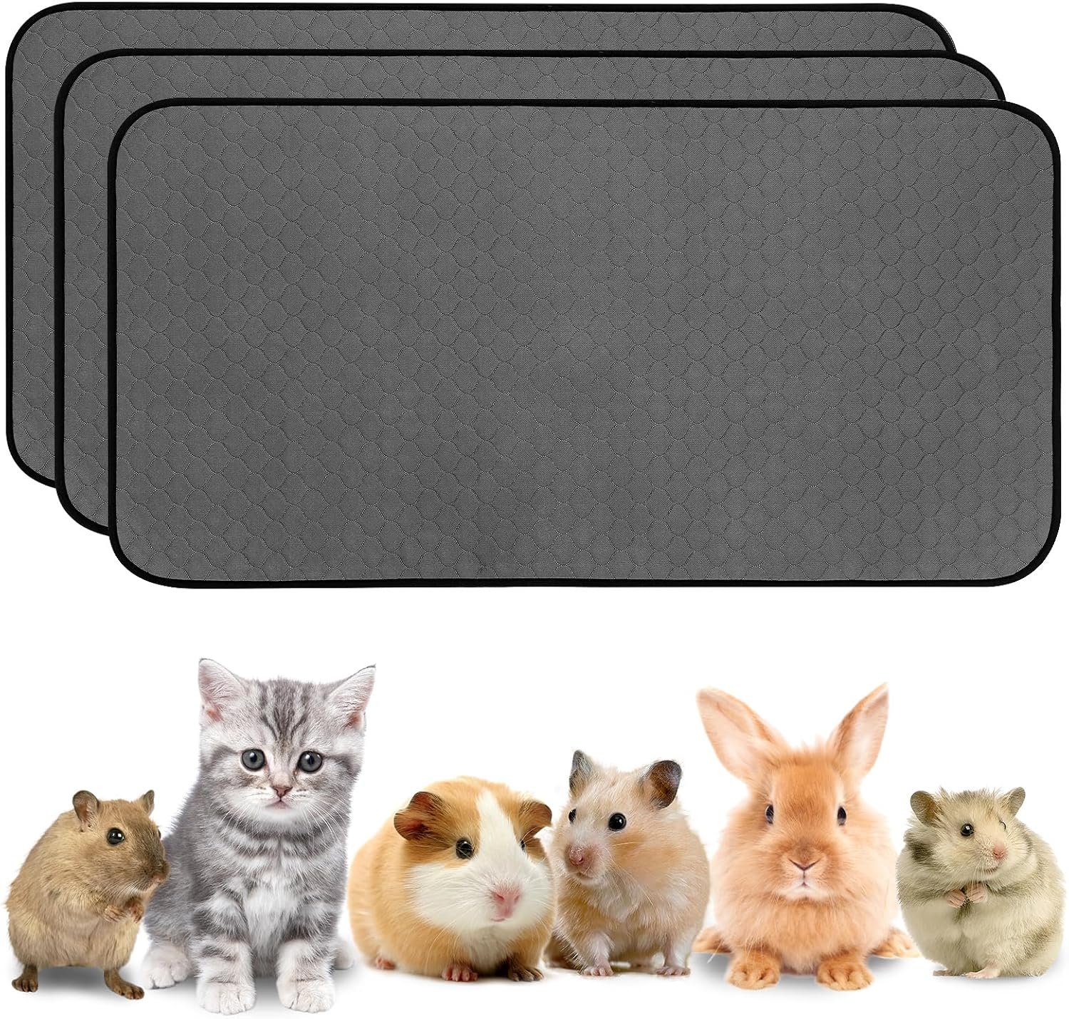 3 Pack Guinea Pig Cage Liners, Washable Guinea Pig Pee Pads Waterproof Reusable & Anti Slip Guinea Pig Bedding Fast and Super Absorbent Pee Pad Tarp Bottom for Small Animals (Dark Grey 24″ X 47″)