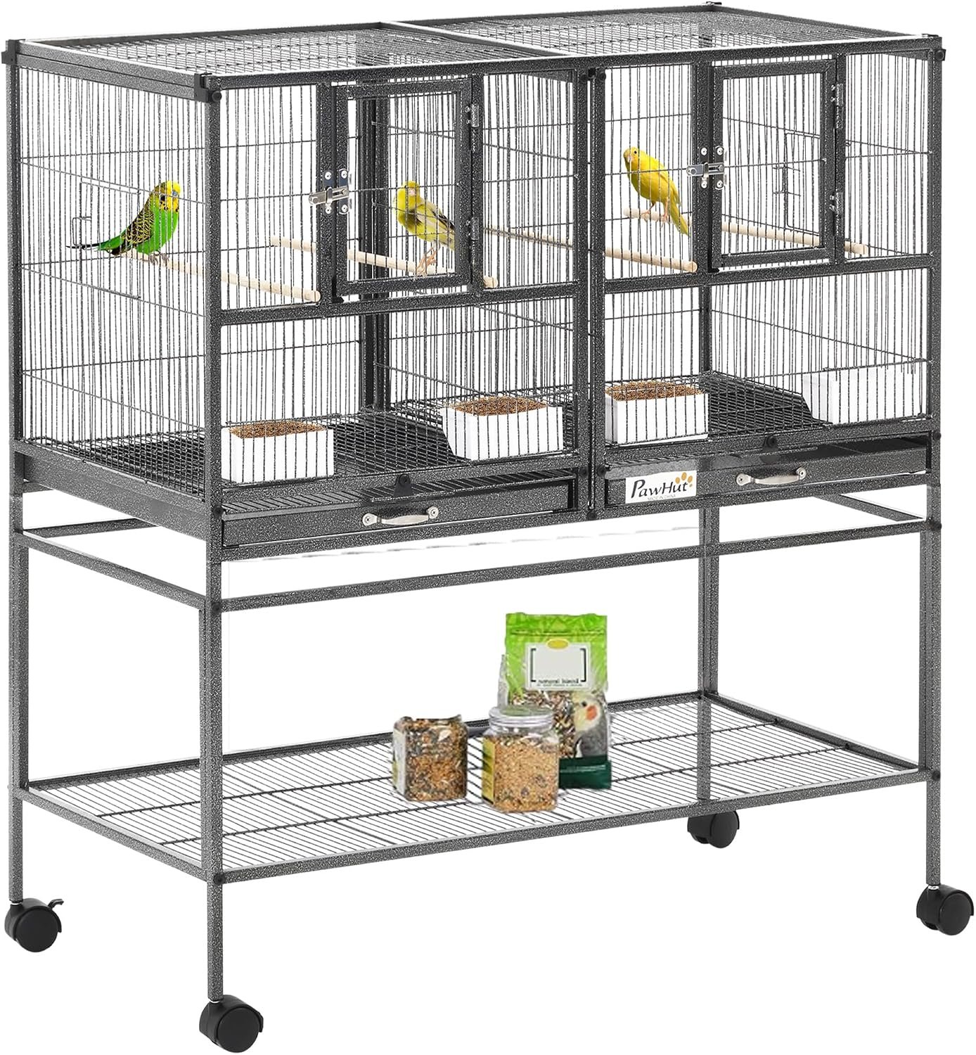 PawHut Divided Breeder Bird Cage with Rolling Stand Removable Metal Tray | Storage Shelf, Wood Perch, Food Container