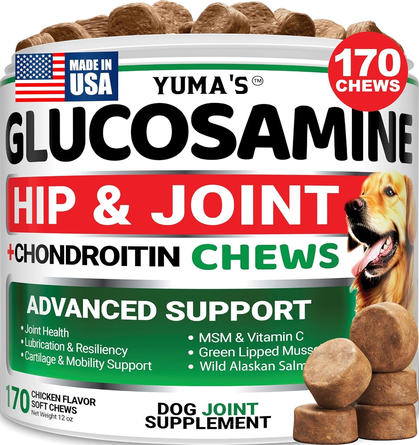 YUMA’S Glucosamine for Dogs – Hip and Joint Supplement for Dogs – 170 Ct – Glucosamine Chondroitin Chews – Joint Pain Relief Supplement with MSM – Advanced Health – Mobility Support – Made in USA