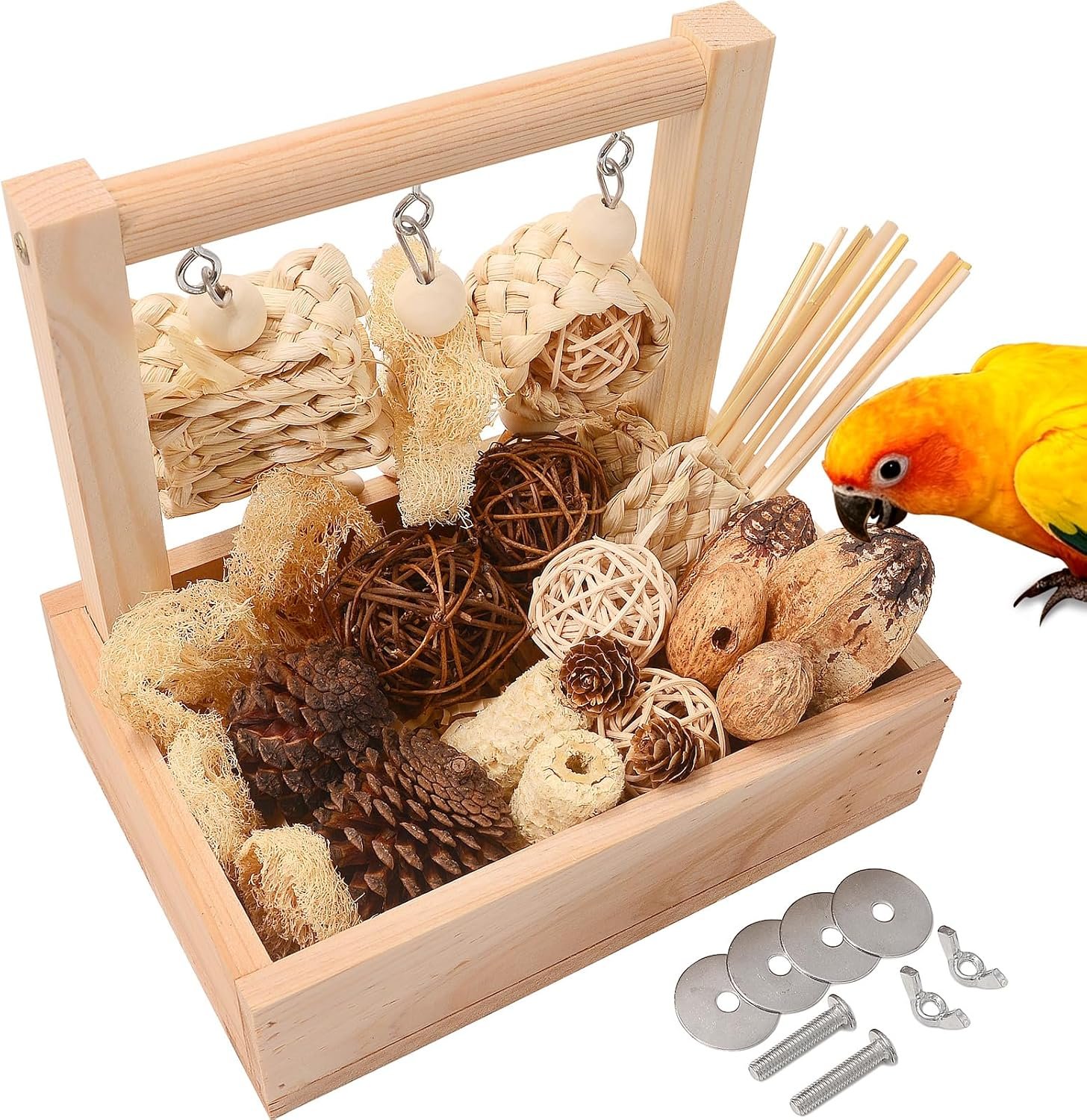 Wooden Bird Parrot Foraging Toys Box with Perch Stand, Cage Accessories