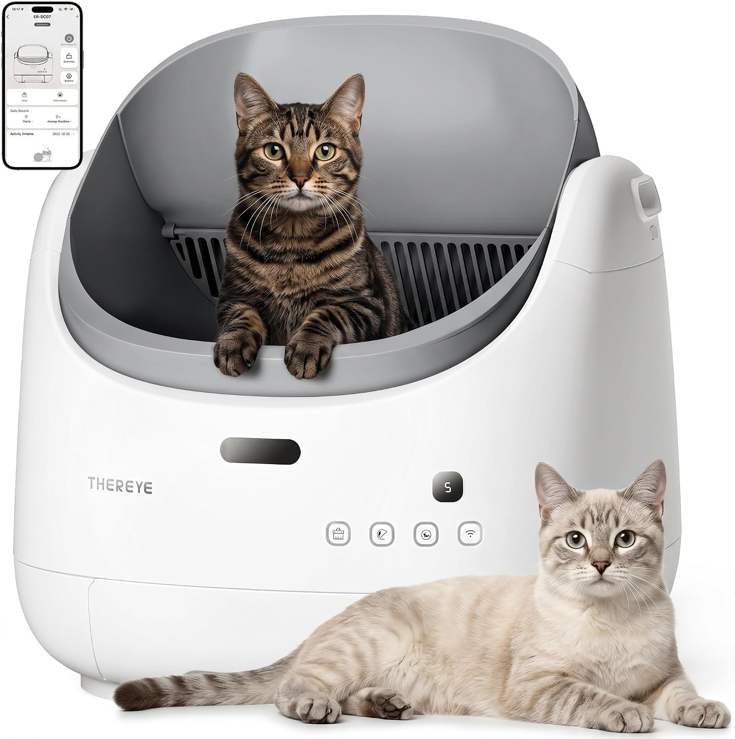 Thereye Automatic Litter Box Self Cleaning with APP Control & Safety Sensor | Odor Control, Adjustable Entrance, Open-Top Smart Cat Litter Box with Trash Bags / Litter Mat