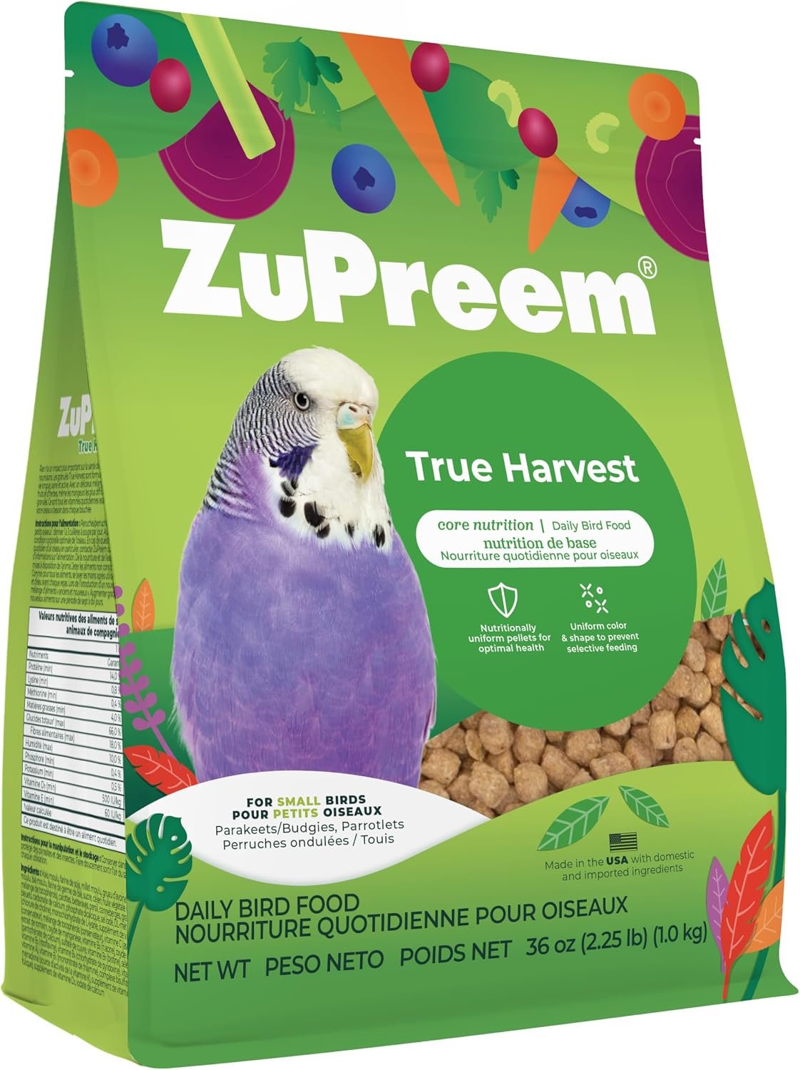ZuPreem True Harvest Parakeet & Budgie Food, Uniform Bird Food, S, 2.25 lb | Bird Food Pellets, ZuPreem Natural Pellets, Parrot & Parakeet Food, Budgie, Parrotlet, Dove, Vitamins, Minerals, Made in USA