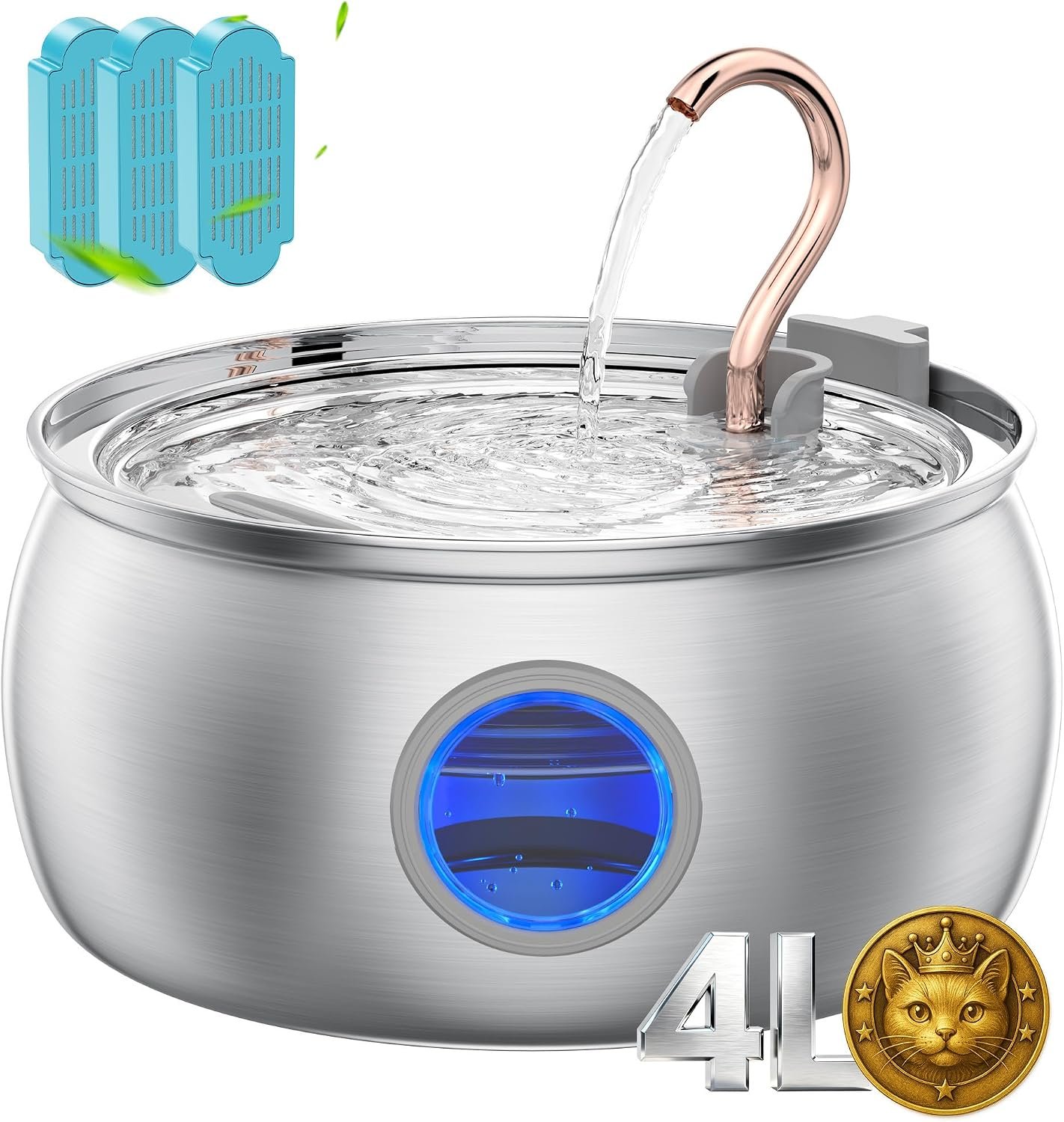 Tomxcute Cat Water Fountain Stainless Steel, 4.0L/135oz with 3 Filters | Ultra Quiet Pump, Copper Gooseneck, Dishwasher Safe, Cat Fountain for Drinking for Cats, Dogs, Multiple Pets