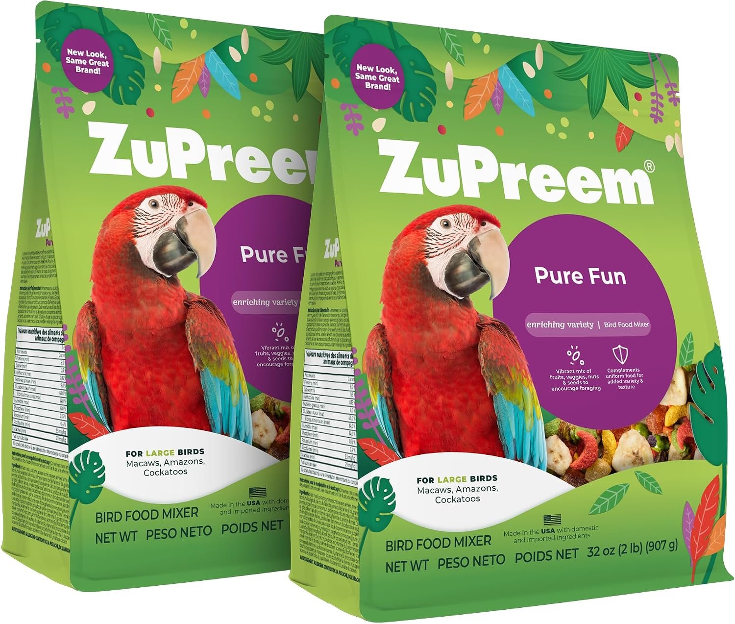 ZuPreem Pure Fun Large Parrot Food Mix, Enrichment Blend, 2 lb, Pack of 2 | Fruit, vegetable, nut & pellet mix, for amazons, macaws & cockatoos, enrichment variety