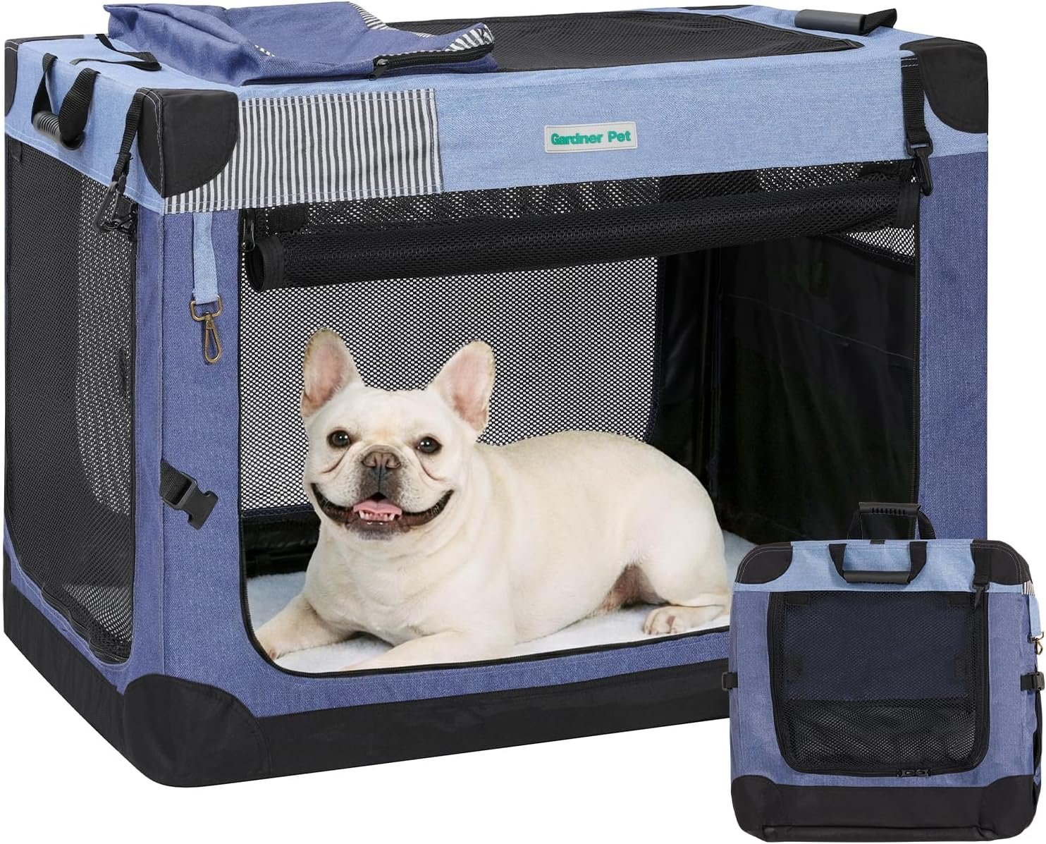 Gardner Pet Soft Collapsible Dog Crate – 26 Inch Portable Travel Dog Crate for Puppy/Small Dogs Indoor & Outdoor, 3-Door Pet Crate with Durable Mesh Windows & Storage Bag, Blue