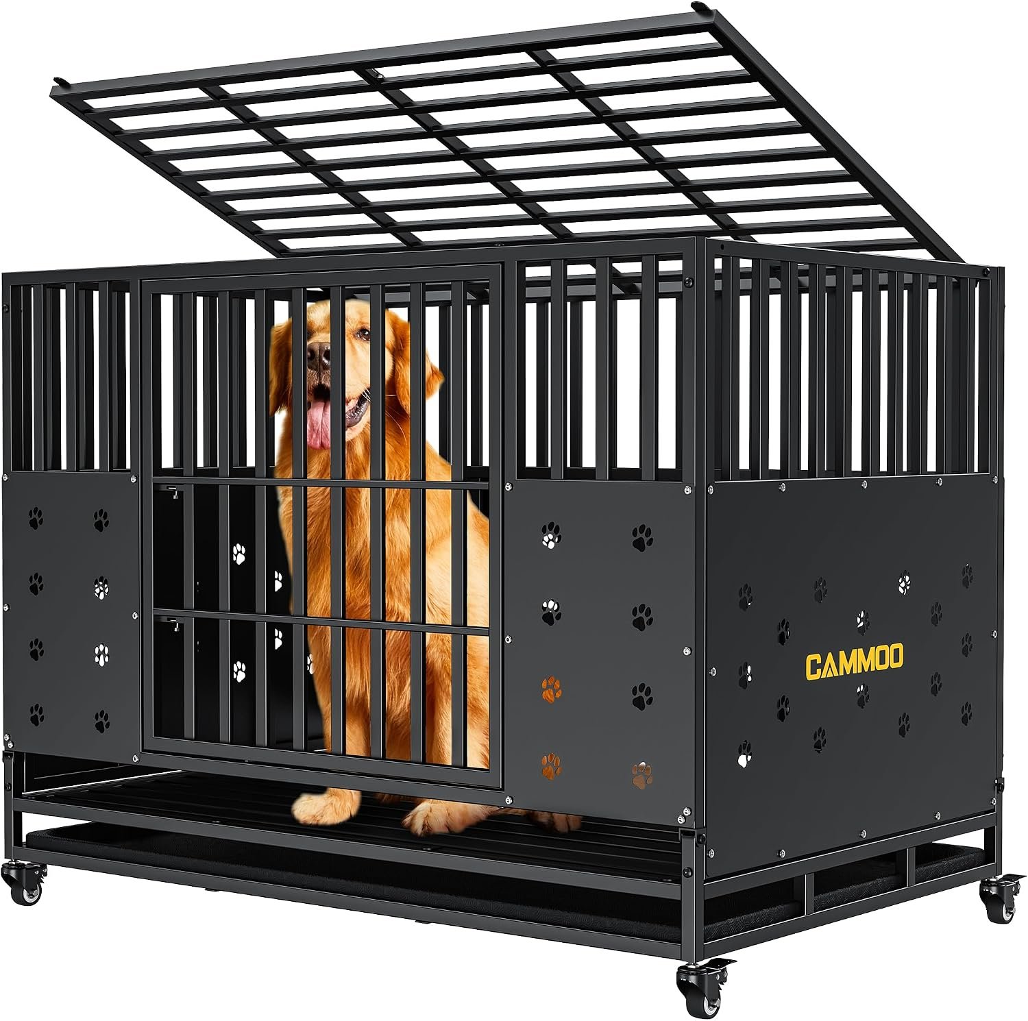 Cammoo 48” Heavy Duty Dog Crate/Kennel for Large Dogs Indoor | Upgraded Chew-Proof Panels, Comfort-Widened Floor Panel, Adjustable Internal Height, Easy-Access Wide Door, 4 Lockable Wheels