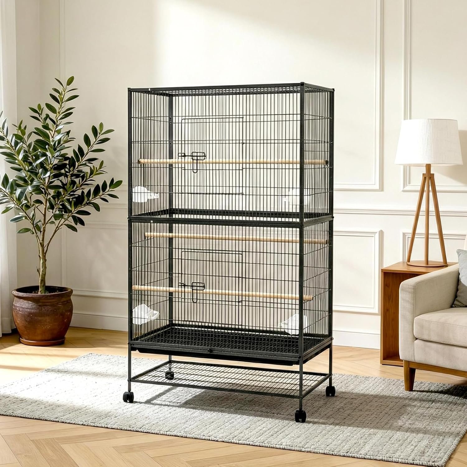 60″ H Large Bird Cage, Rolling Bird Cage with Storage Stands, Feed Bowls, Wide Flight Parakeet Cage for Macaw, Parakeets, Conures, Cockatiel, Cockatoo