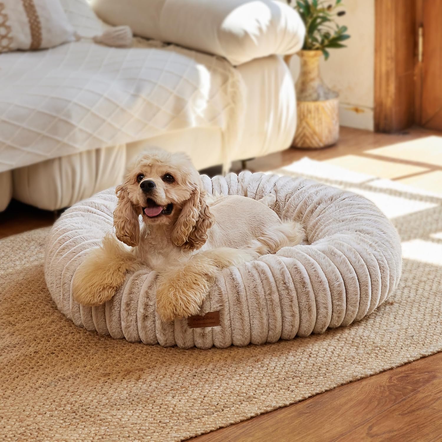 FUKUMARU Dog Bed, 30″ Orthopedic Dog Beds for Medium Dogs, Donut Cat Beds | Gradient Color Calming Dog Bed Medium Size, Round Pet Bed with Washable Cover, Luxury Comfy Cat Bed for Indoor Cat, Camel