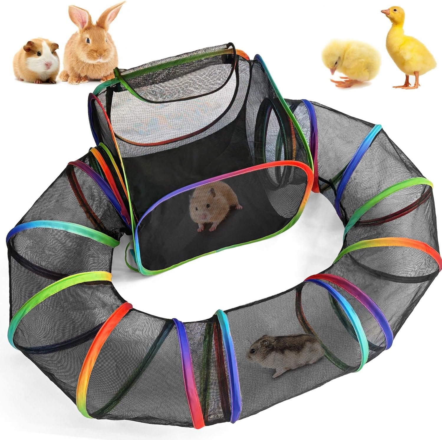 Guinea Pig Playpen with Tunnel, Rainbow Playpen with 98.4″ Extended Tube & Open Side, Rabbit Playpen for Bunny, Hamster, Ferret, Chinchilla, Chickens & Small Animals to Play Indoor or Outdoor
