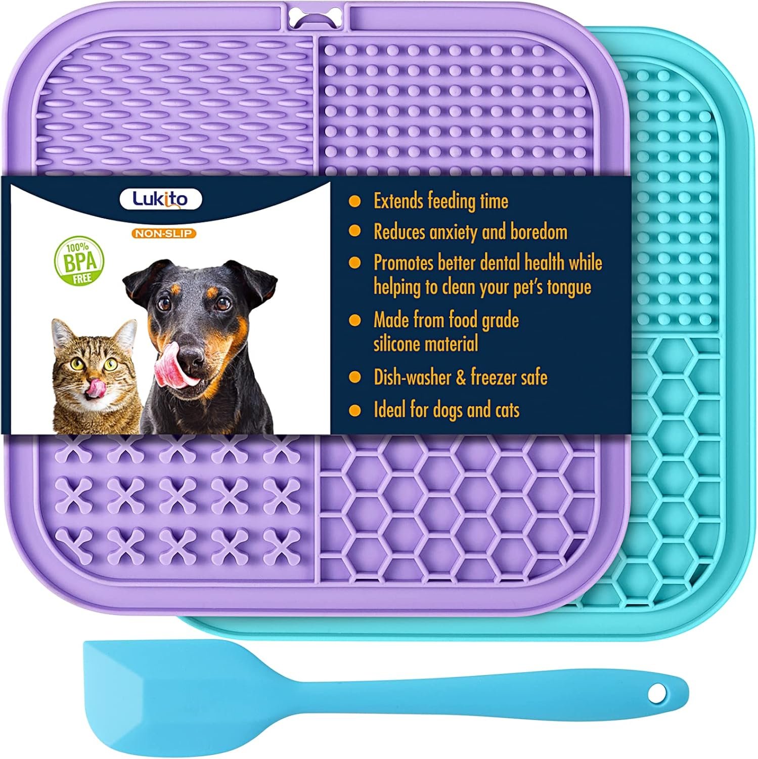 LUKITO Lick Mat for Dogs & Cats 2 Pack, Slow Feeder Licking Pad with Suction Cups for for Anxiety Relief and Boredom Reducer, Perfect for Bathing Grooming