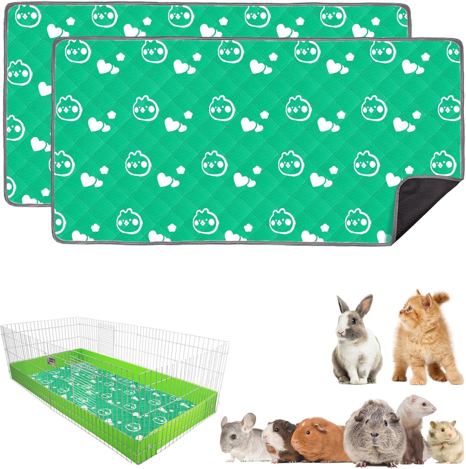 2 Pack Guinea Pig Bedding – Washable Guinea Pig Liner for Midwest Cage, Waterproof Reusable & Anti Slip Pee Pads Super Absorbent Mats for Small Animals Rabbit Hamster Rat (Green, 48 x 24 Inch)