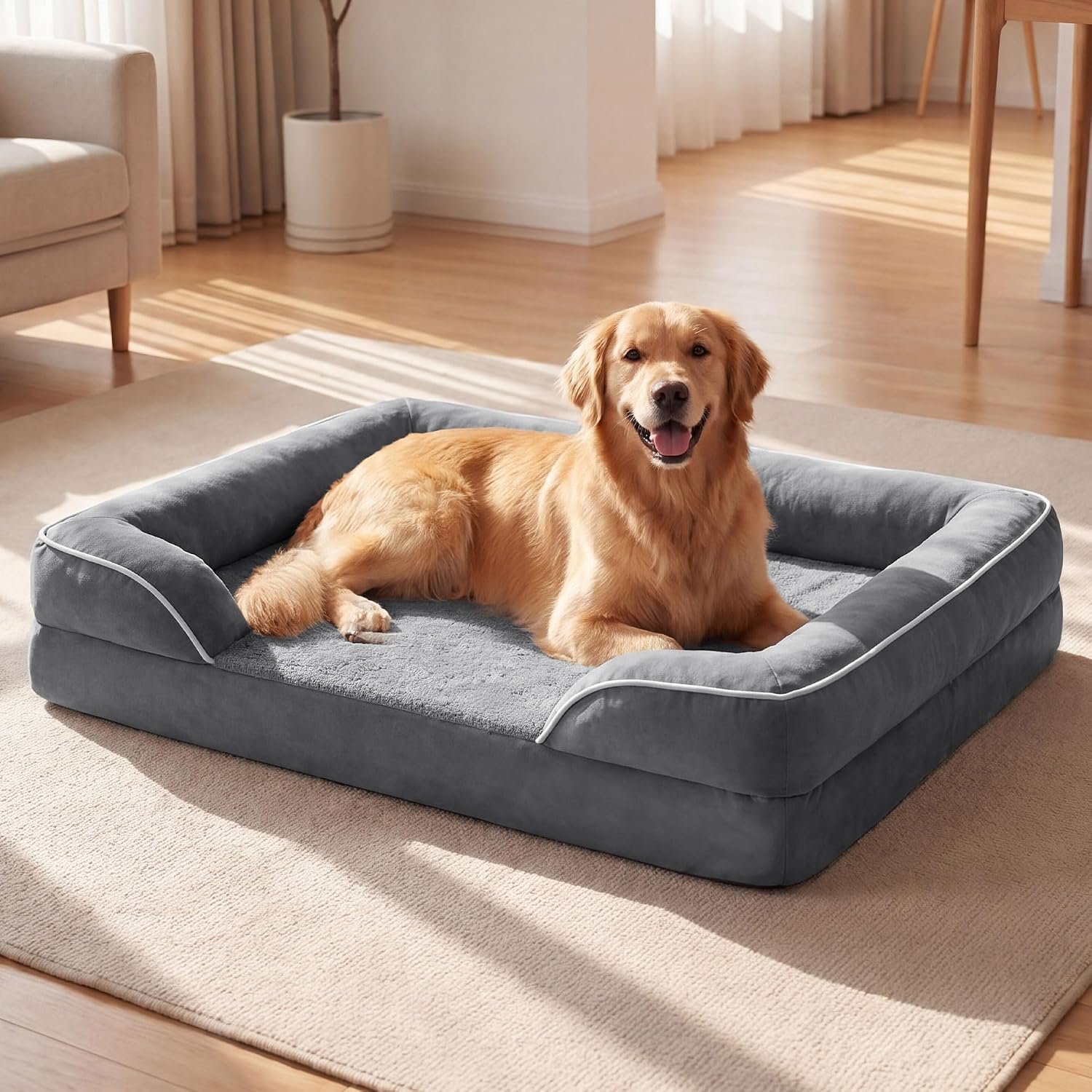 Waterproof Orthopedic Dog Bed for Extra Large Dogs with Bolster | Extra Thick High-Density Joint Support Foam, Washable Cover & Anti-Slip Bottom, Heavy Duty Waterproof Dog Couch Bed.