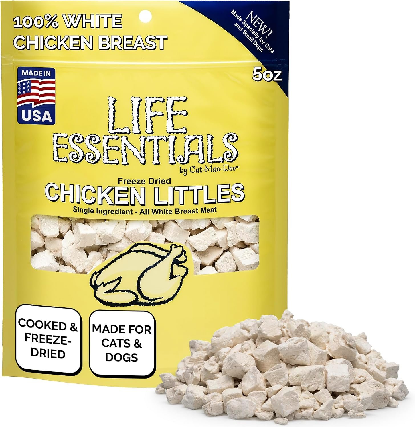 Life Essentials by Cat-Man-Doo | Chicken Littles – 5oz Bag | Freeze Dried Chicken Cat & Dog Treats | Healthy, Single Ingredient, Training Treats, High Protein | Cooked, Diced & Freeze Dried, Healthy Chicken Cat Treats & Small Dog Treats, High Protein Pet Treats and Toppers, Made in USA
