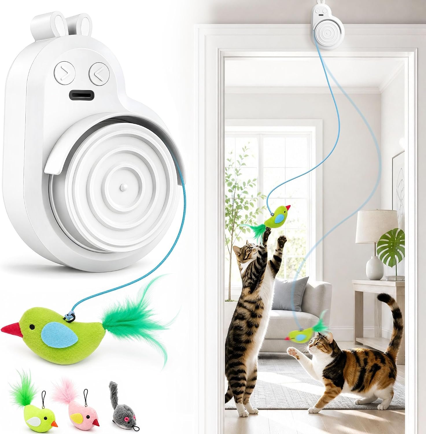 Automatic Interactive Cat Toys, Door Flying Feather Bird & Mouse for Kitten | CATPICK Electric Rechargeable Door Frame Hanging Play Chase Exercise Moving Enrichment Toy for Bored Adult Cats, White