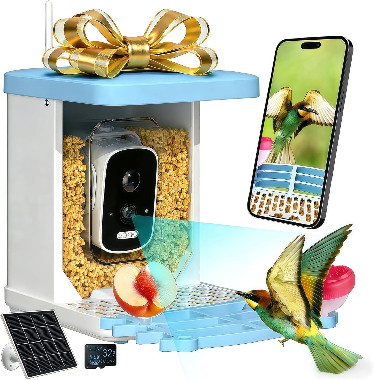 Smart Bird Feeder with Camera – 2.5K HD Bird Feeder Cameras Solar Powered, AI Birds Identification via App WiFi Outdoor Waterproof Birdhouse Watch Night Vision, 4000mAh Battery, Gift for Birdlovers