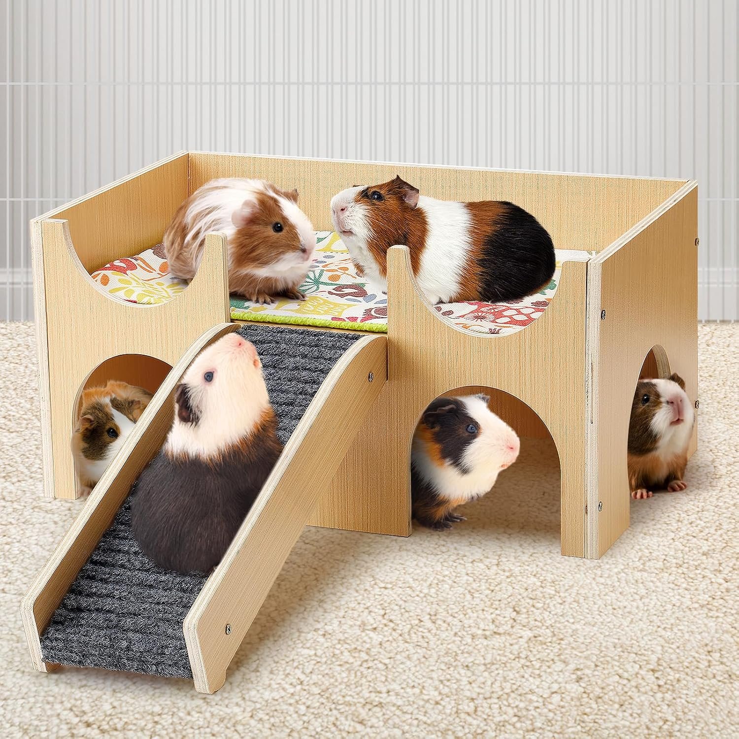 MEWTOGO Upgraded Sturdy Wooden Guinea Pig Castle with Stairs & Mat | Easy to Assemble, Sturdy, Playing Hiding House, for Hamsters Bunny Chinchillas Small Animals