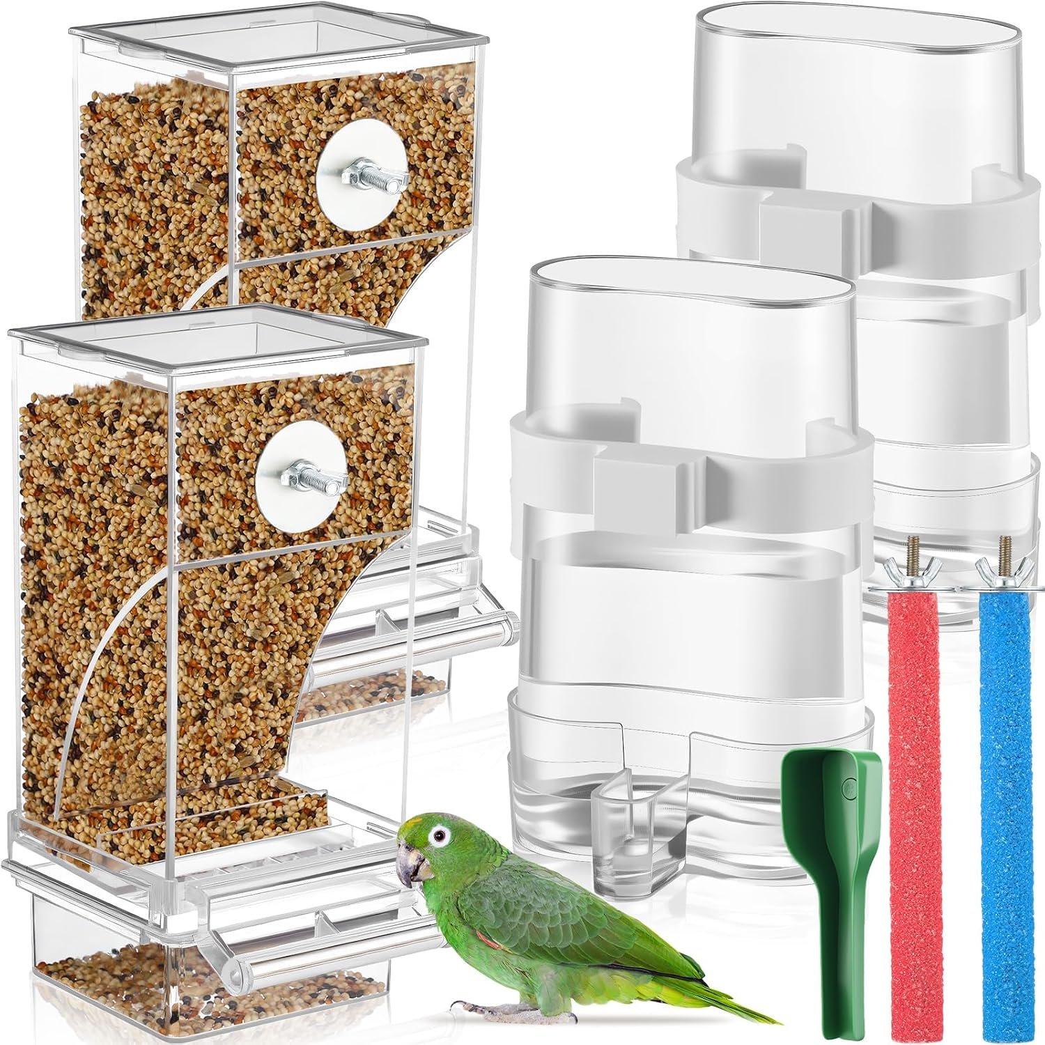 Novabright 7 Pcs No Mess Bird Feeder Water Dispenser Set Include Automatic Parakeet Feeder and Drinker with Bird Paw Grinding Stick Cage Accessories for Small Medium Cockatiel Lovebird(Classic,Clear)