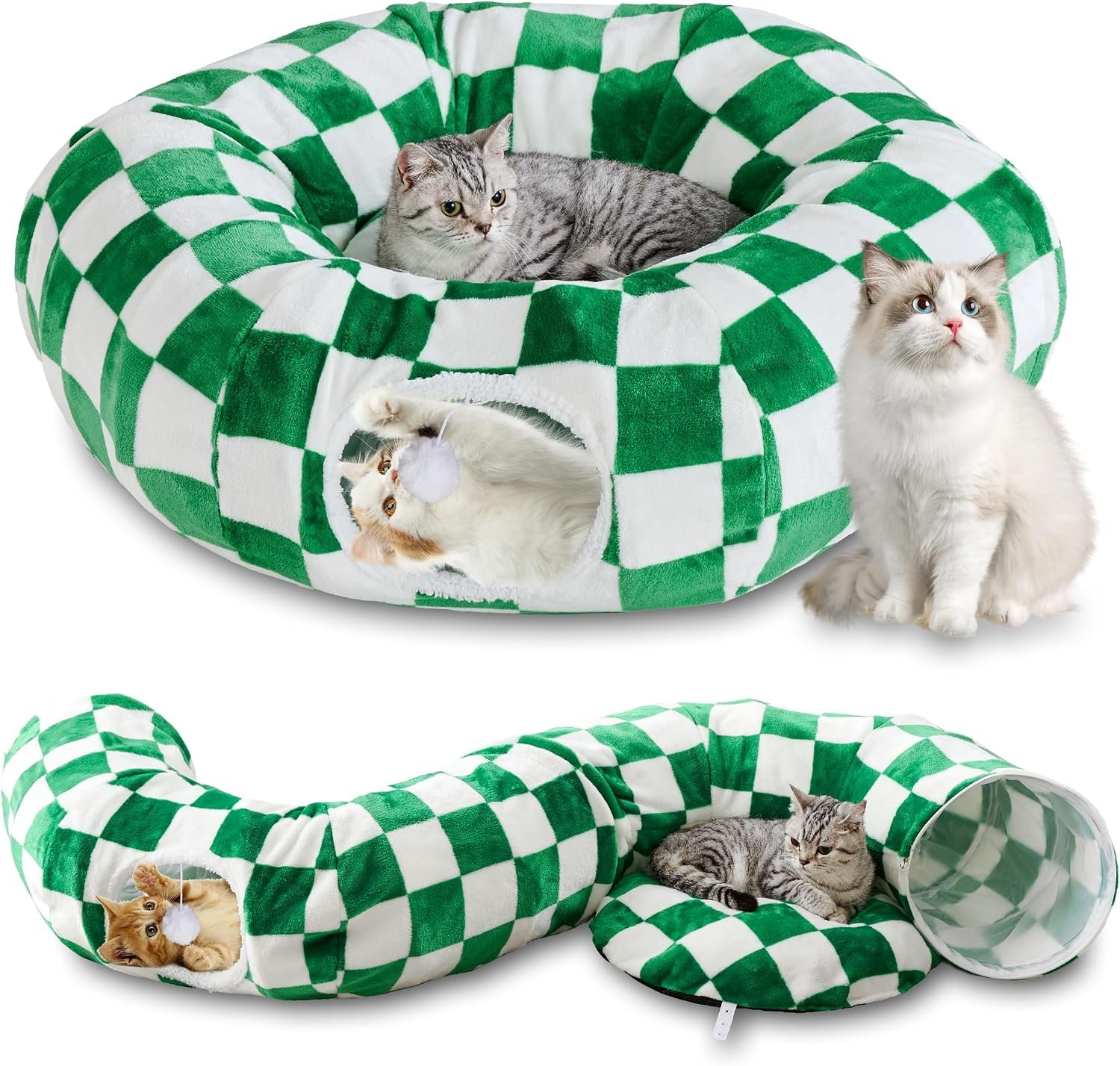 Cute Round Cat Tunnel for Indoor Cats, Green/White | Peekaboo Cat Cave with Dangling Balls, Checkered Pet Donut Tunnel Bed with Circle Mat for Puppy Kitten Rabbit