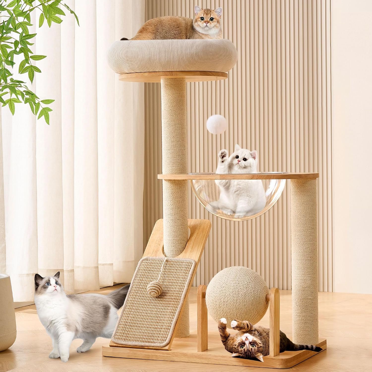 Solid Wood Cat Tree Tower with Scratching Post, 37.8 Inches Tall Cat Towers with Scratching Board and Scratcher Ball, Modern Cat Tower With Space Capsule and Removable Top Bed for Indoor Cats.