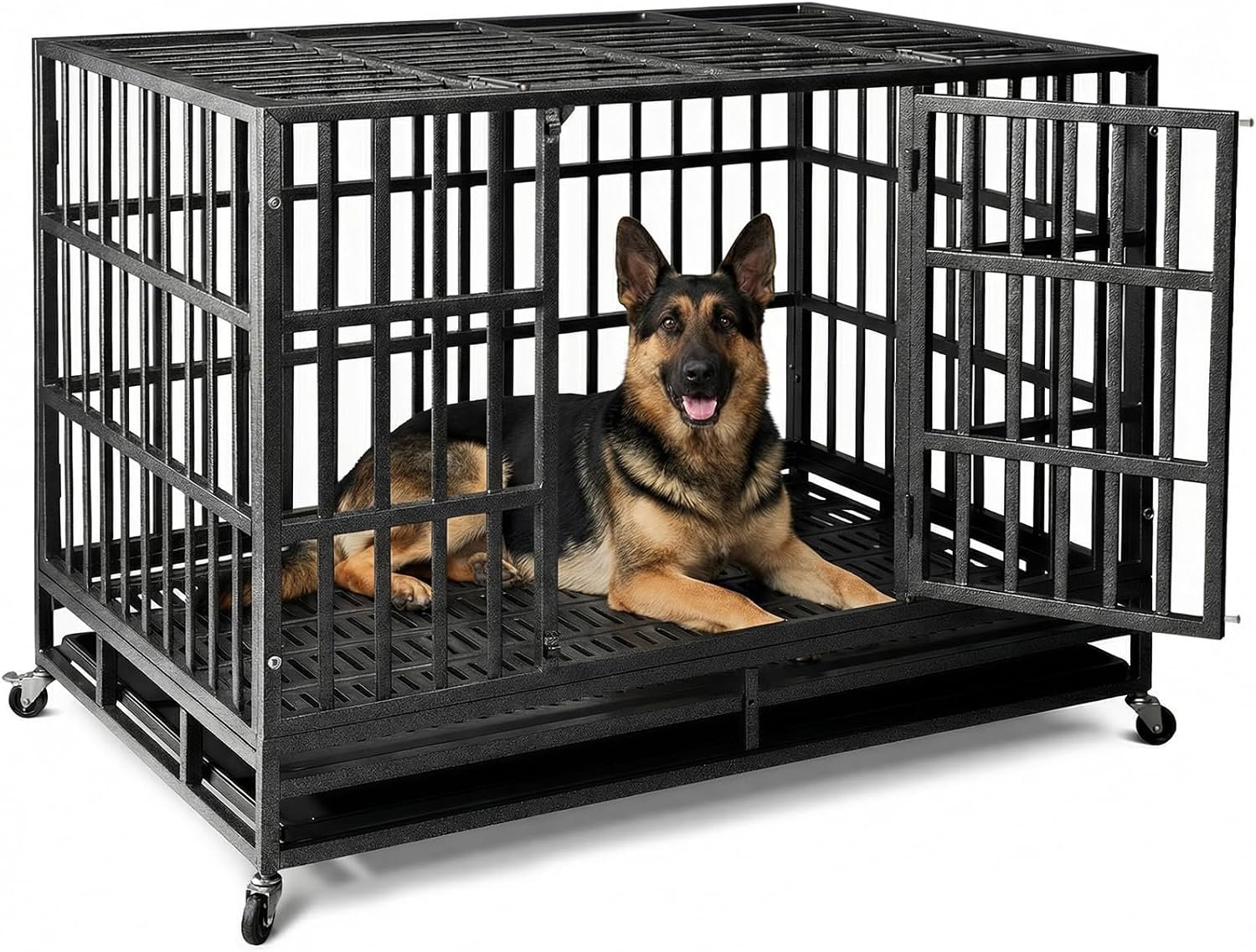 NUGRIART Escape-Proof Heavy Duty 38″ Dog Crate, Indestructible Steel Kennel for Large & High-Anxiety Dogs with 300Lbs Capacity, Double Door Design with 4 Locking Wheels and Reinforced Baseplate.