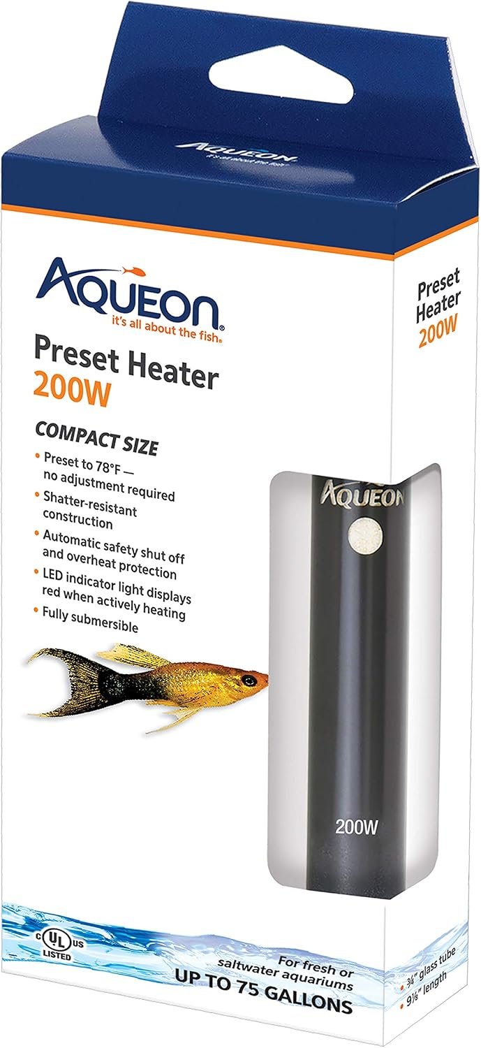 Aqueon Aquarium Fish Tank Heater, Preset, Up to 75 Gallons, 200 Watts | 75 gallon aquarium heater, fully submersible with auto shut-off, preset 78° and shatter-resistant quartz glass